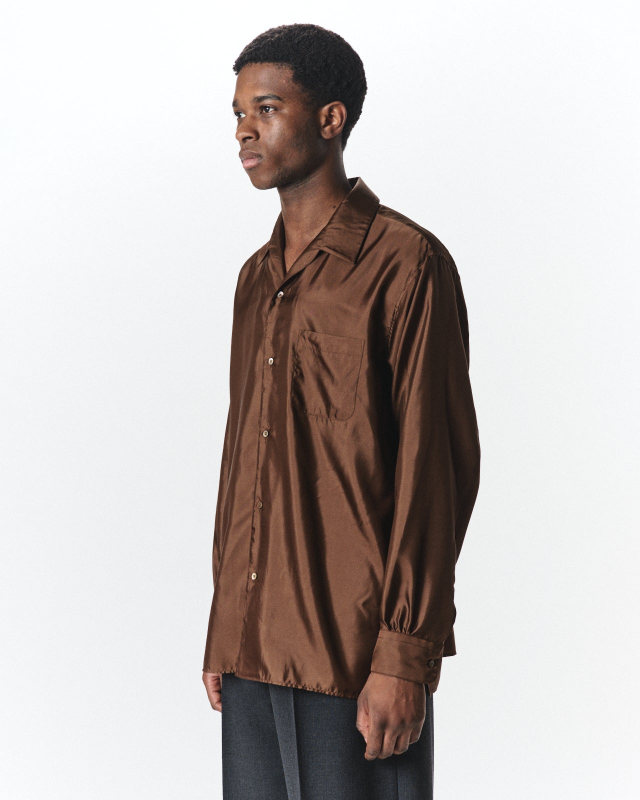 Bratac Silk Back Satin / Italian Open Collar Shirt, Bronze