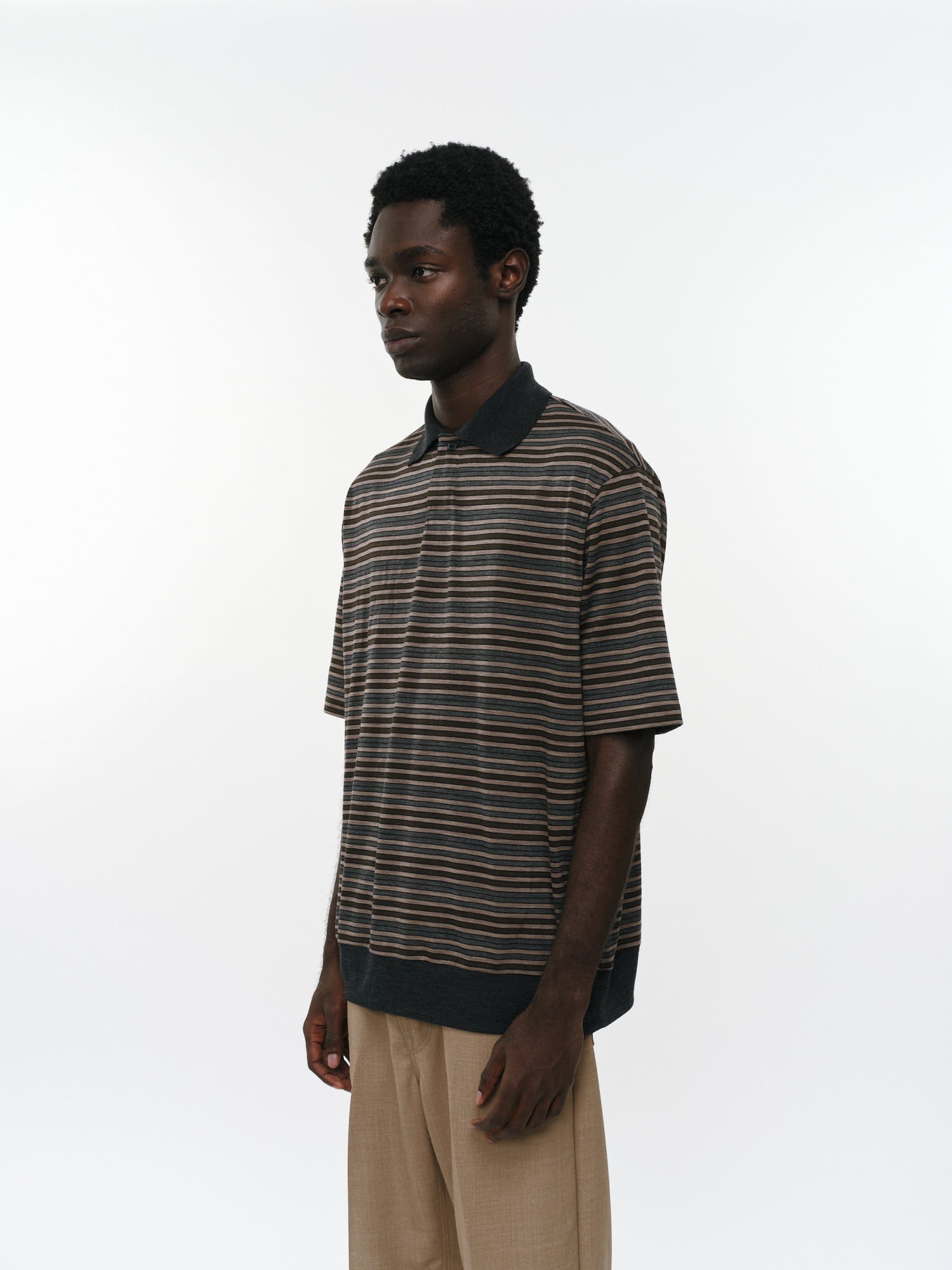 Super120sウォッシャブルウール天竺 / ワンボタンポロTeeS/S, Beige Border