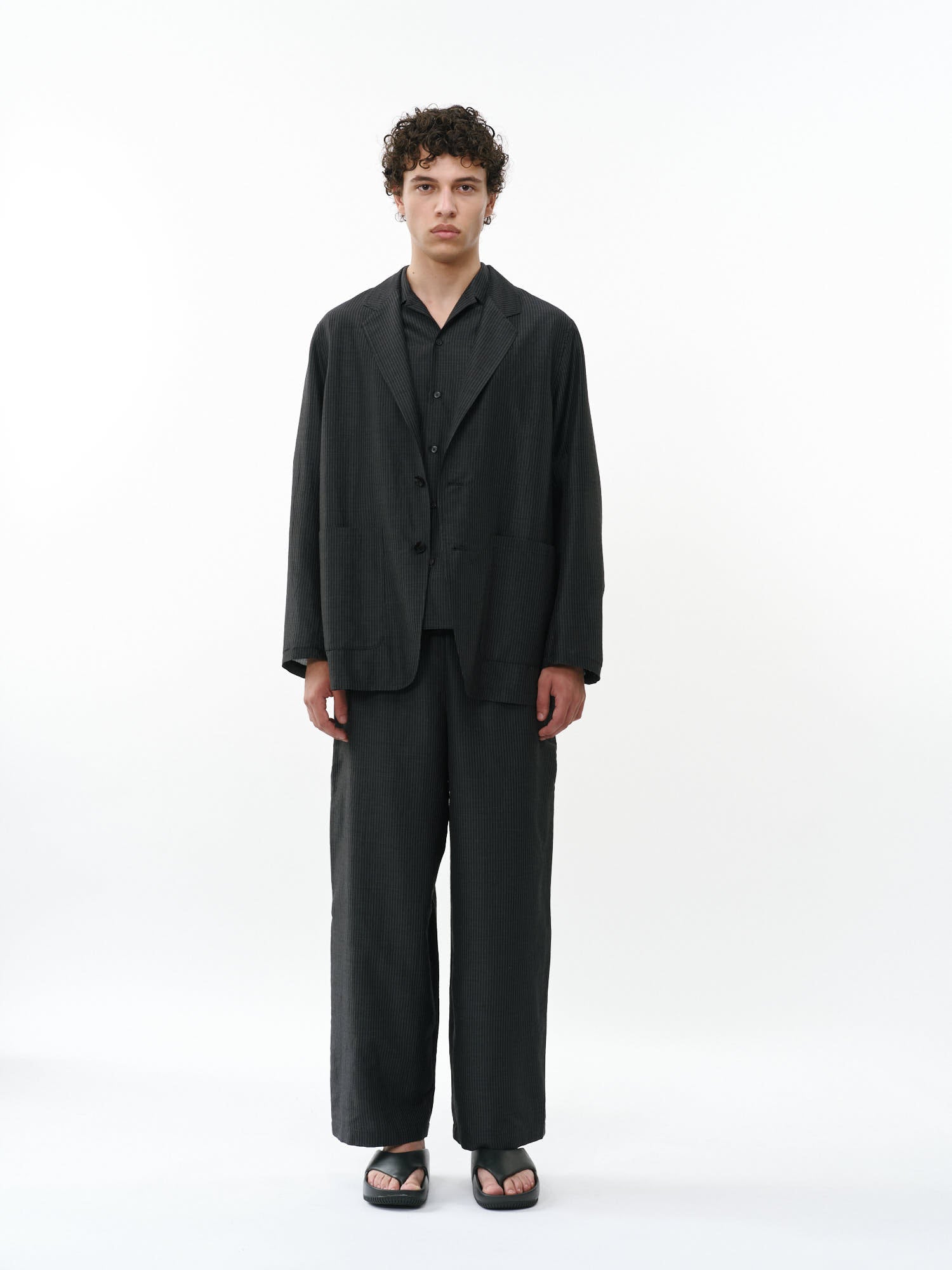 ウールシルクフェザークロス / ワイドシリンダーフィットイージーパンツ, Top Charcoal Stripe