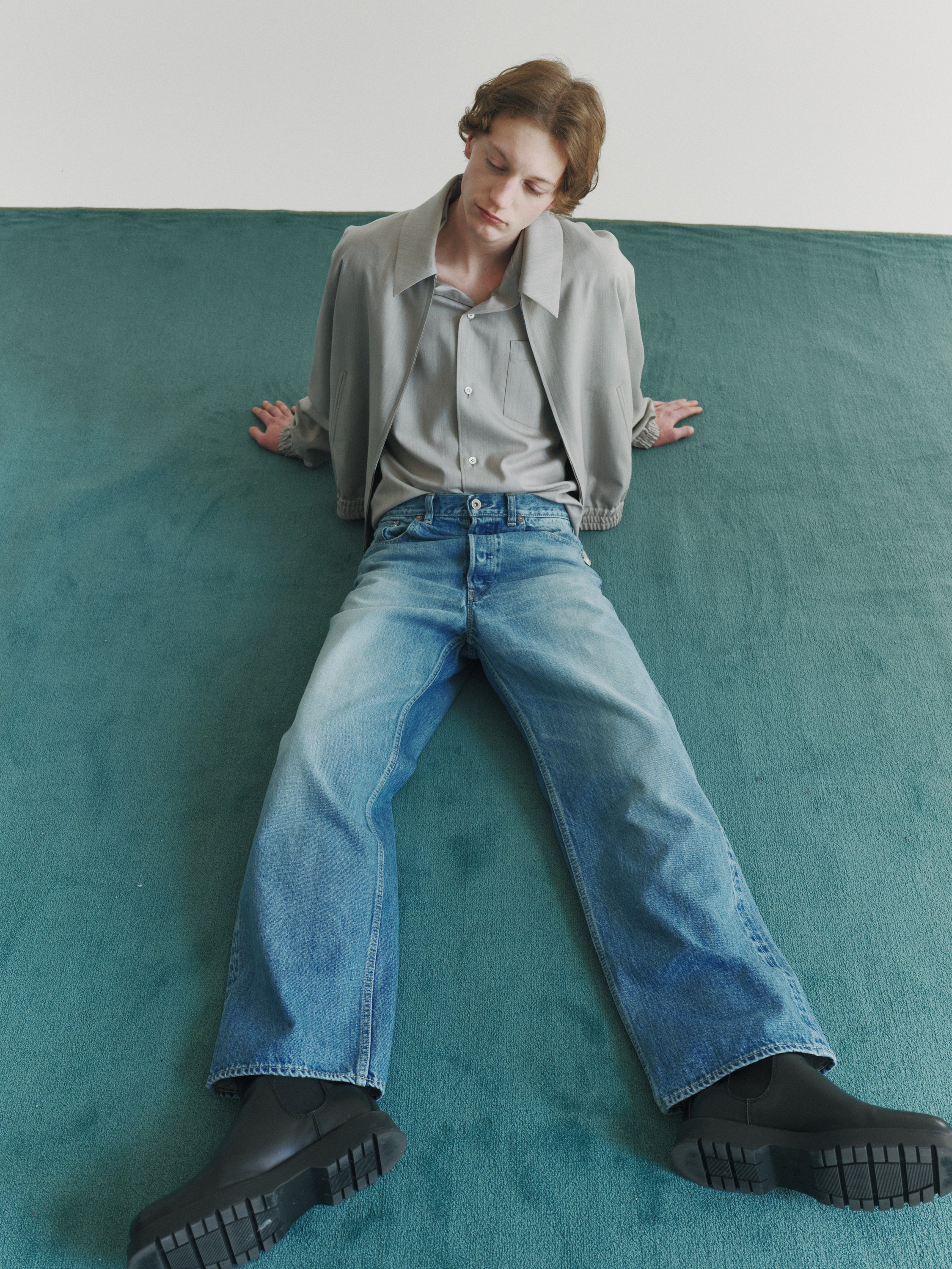 【PARKING Special Order】2/60 Wool Tropical Melange / Open Collar L/S Shirt With Hem Tab, Light Gray