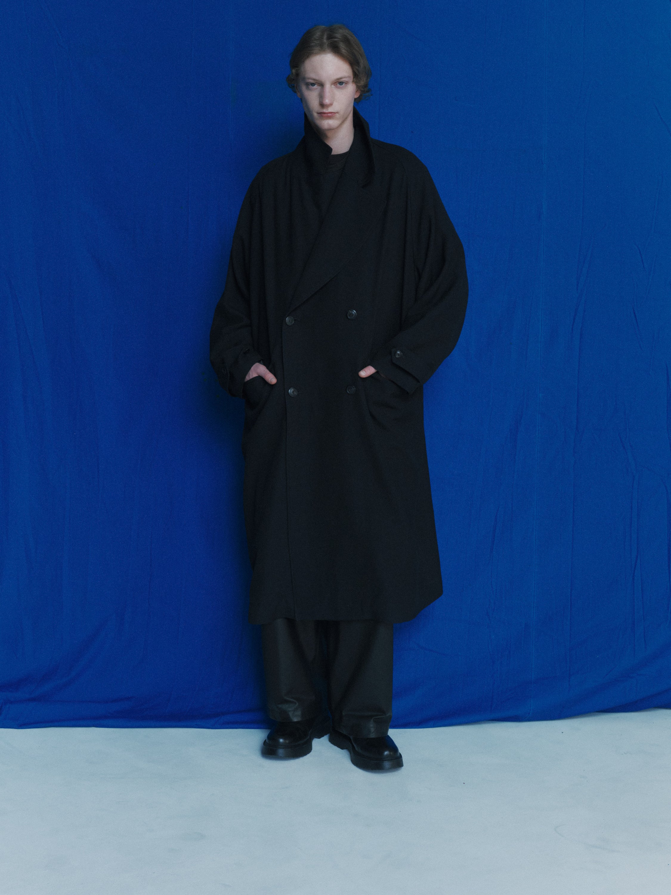Glazed Sheepskin / Single Pleat Wide Trousers, Black