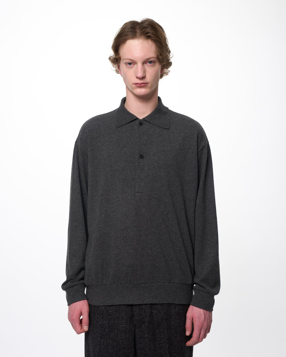 Super 180s Milled Wool Jersey / Two-Button L/S Polo, M.Gray