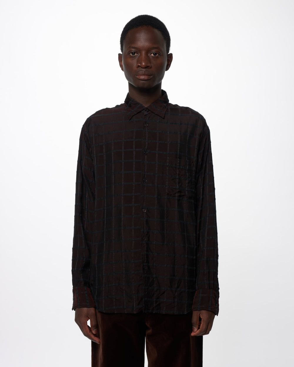 Cupra/Wool Twill / Semi Spread Collar Shirt, Brown Check