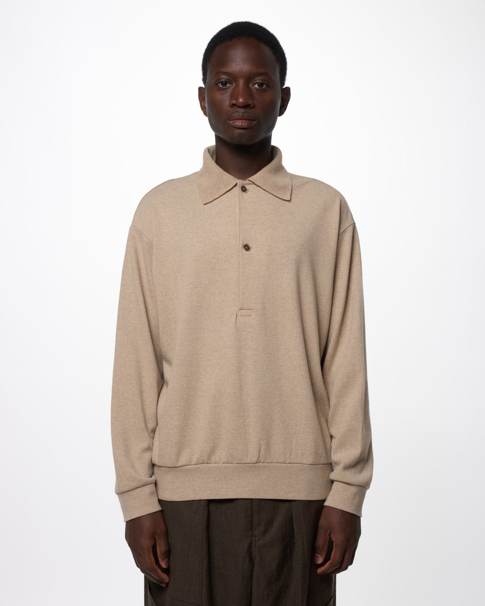 Super 180s Milled Wool Jersey / Two-Button L/S Polo, Beige