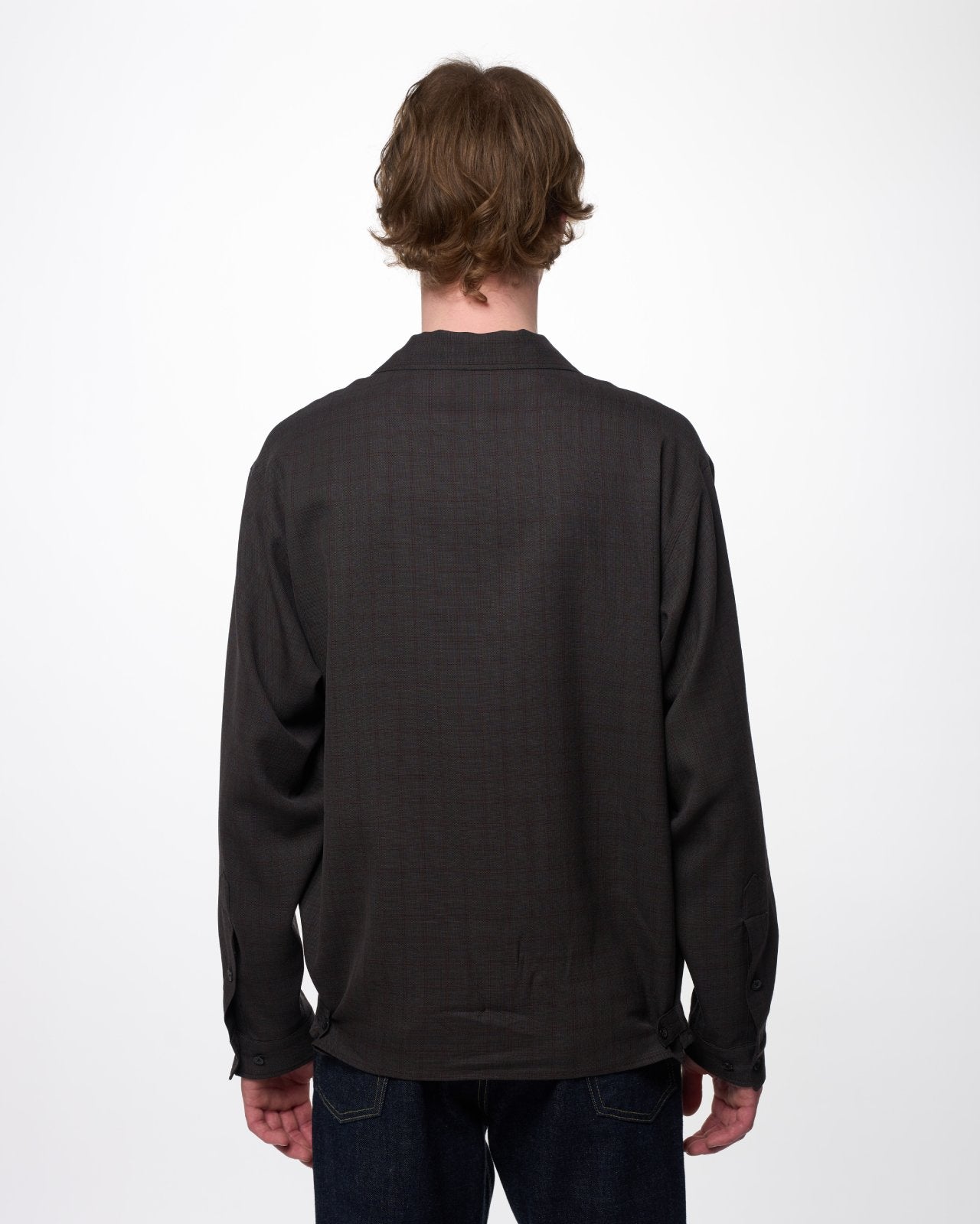 RWS Super 140s ウール強撚サージ / オープンカラー L/S シャツ With Hem Tab, Gray Plaid