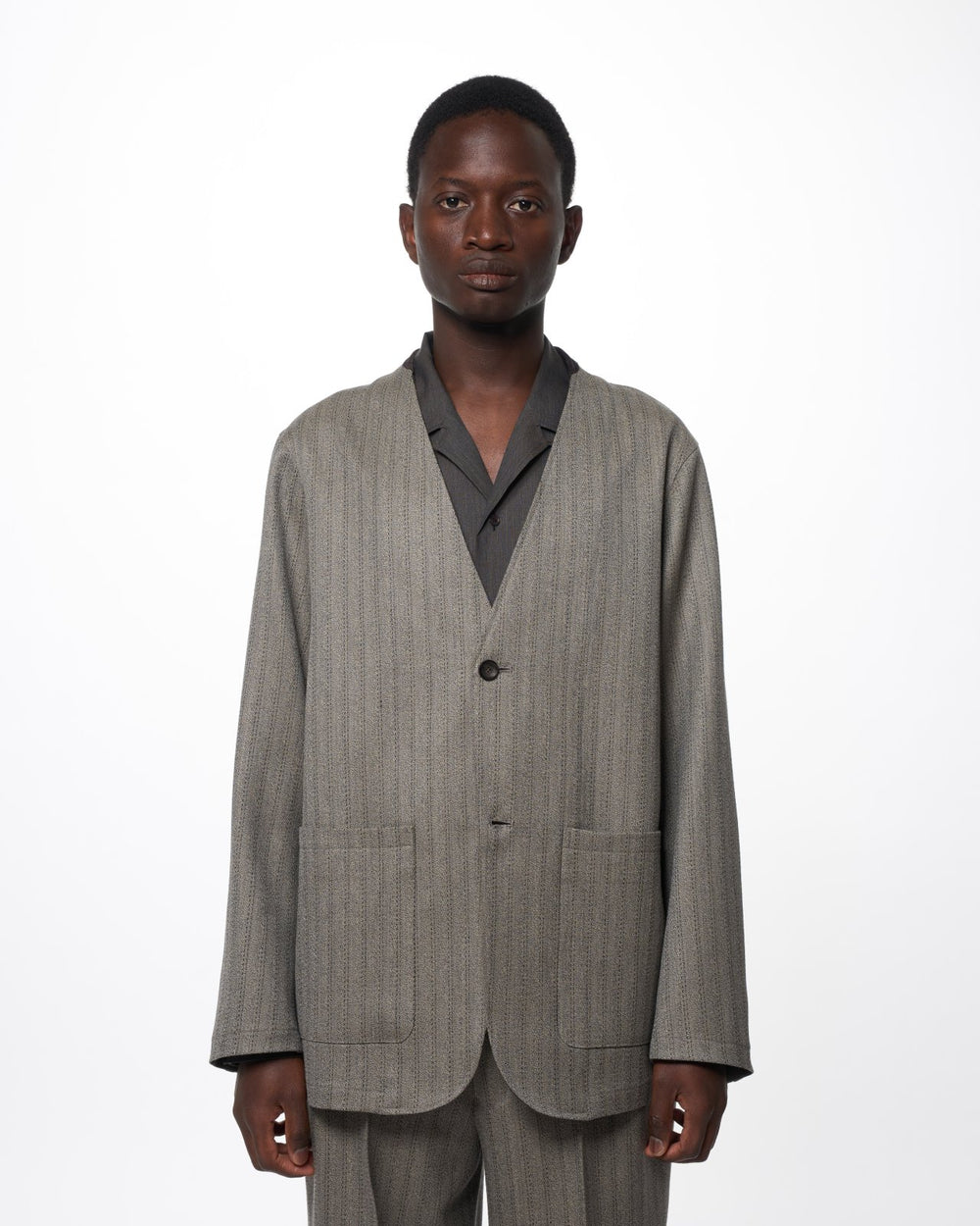 Organic Wool Twisted Melange Herringbone / Lapelless Jacket, Greige