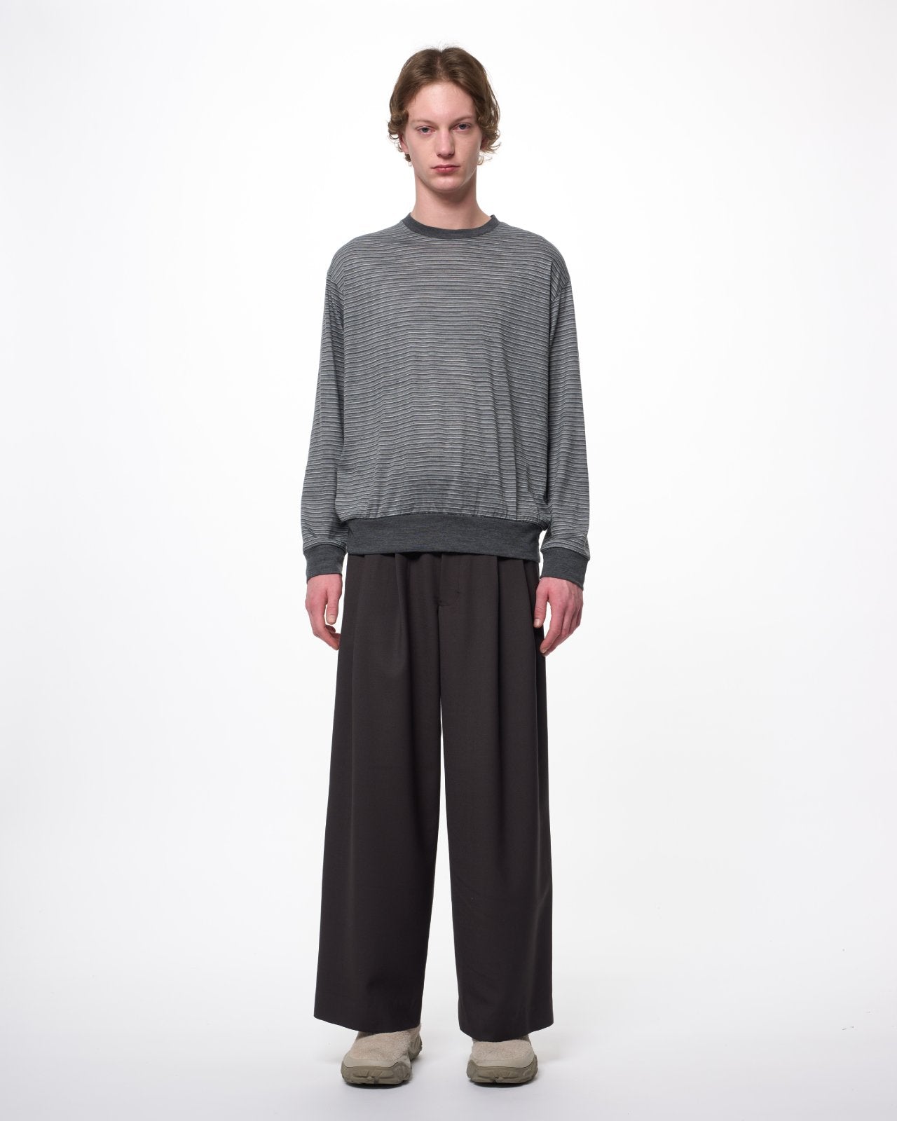 Super 120s ウォッシャブルウール天竺 / クルーネックL/S Tee, Gray Border