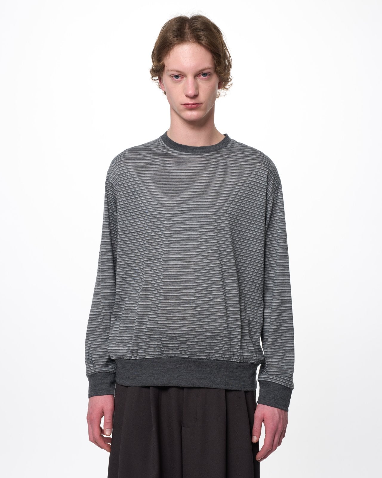 Super 120s ウォッシャブルウール天竺 / クルーネックL/S Tee, Gray Border