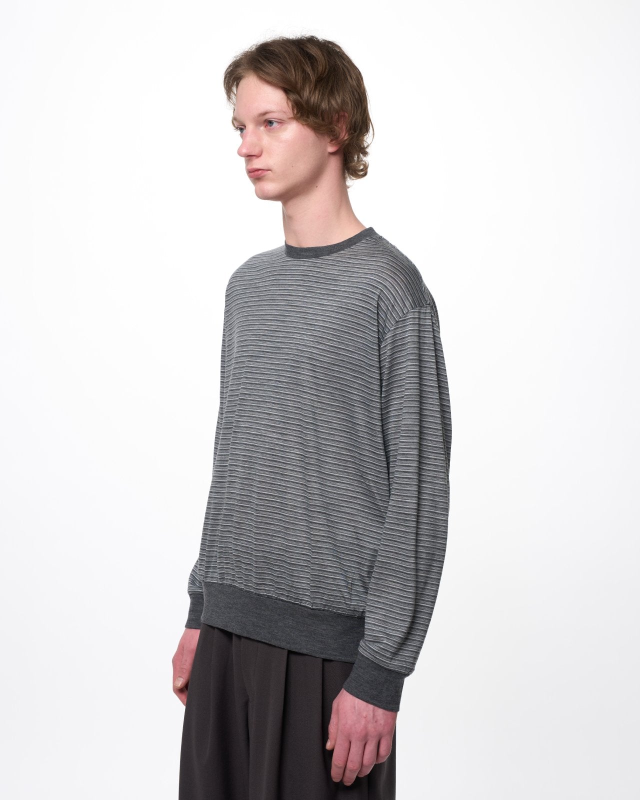 Super 120s ウォッシャブルウール天竺 / クルーネックL/S Tee, Gray Border