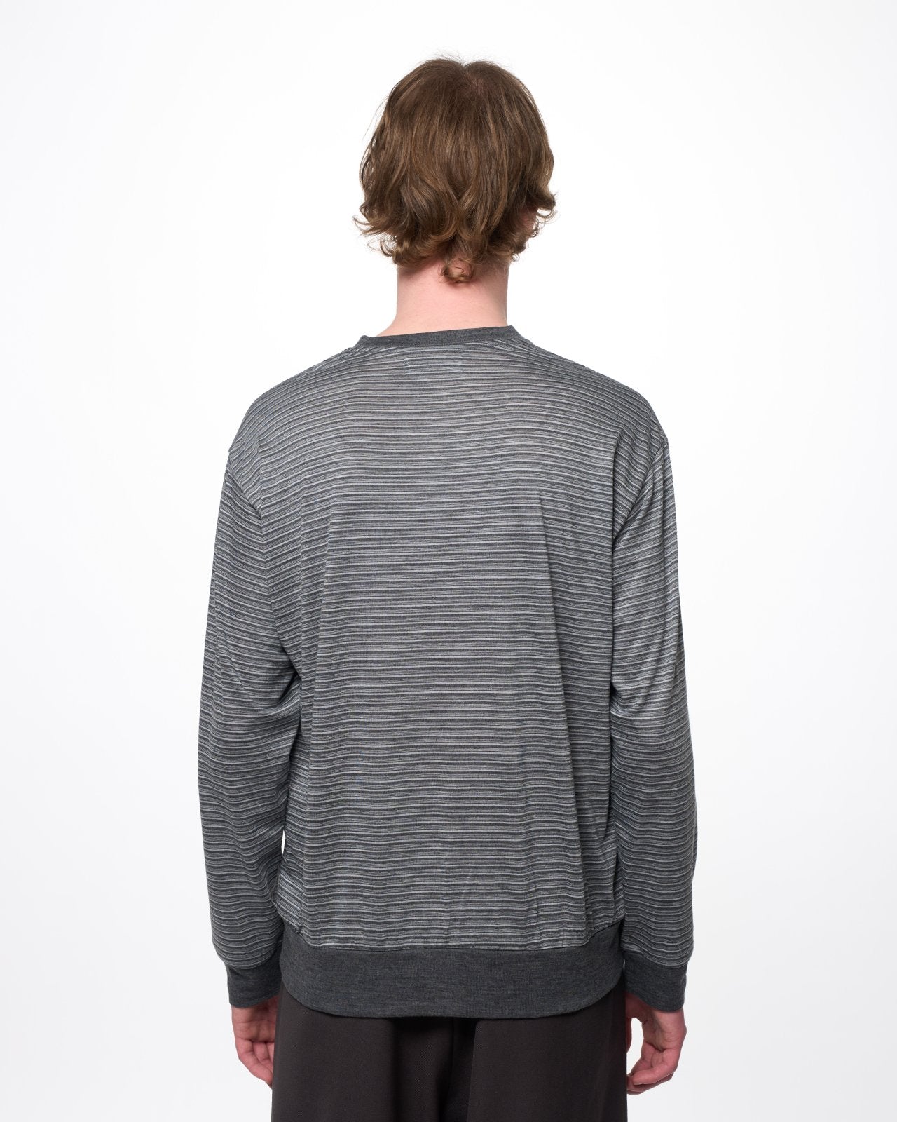 Super 120s ウォッシャブルウール天竺 / クルーネックL/S Tee, Gray Border