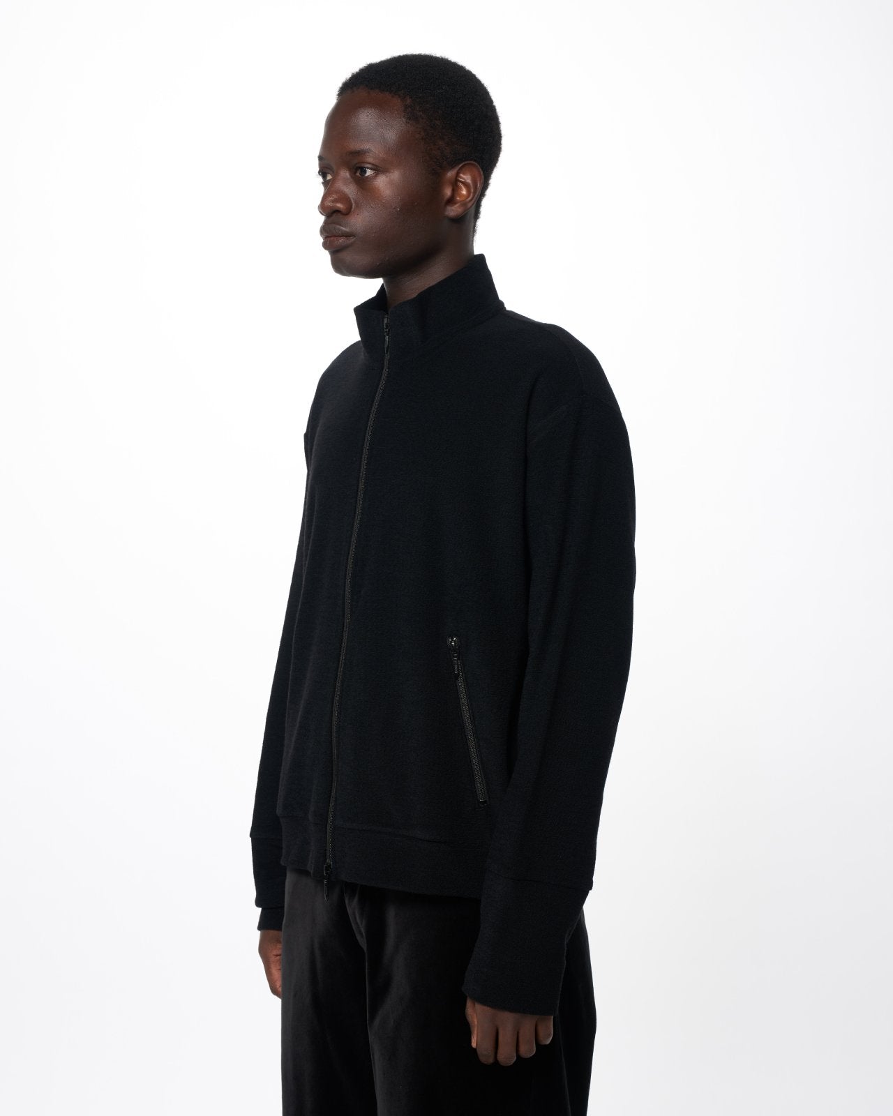 Super 140s Washable Wool Pile Knit / Track Jacket, Black