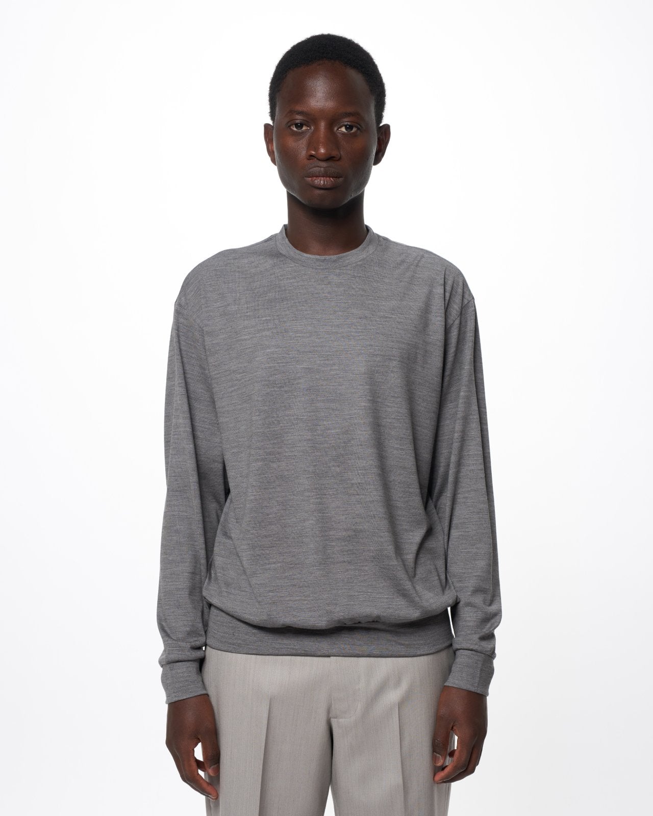 Super 100s Washable Wool Jersey / Crew Neck L/S Tee, Top Gray