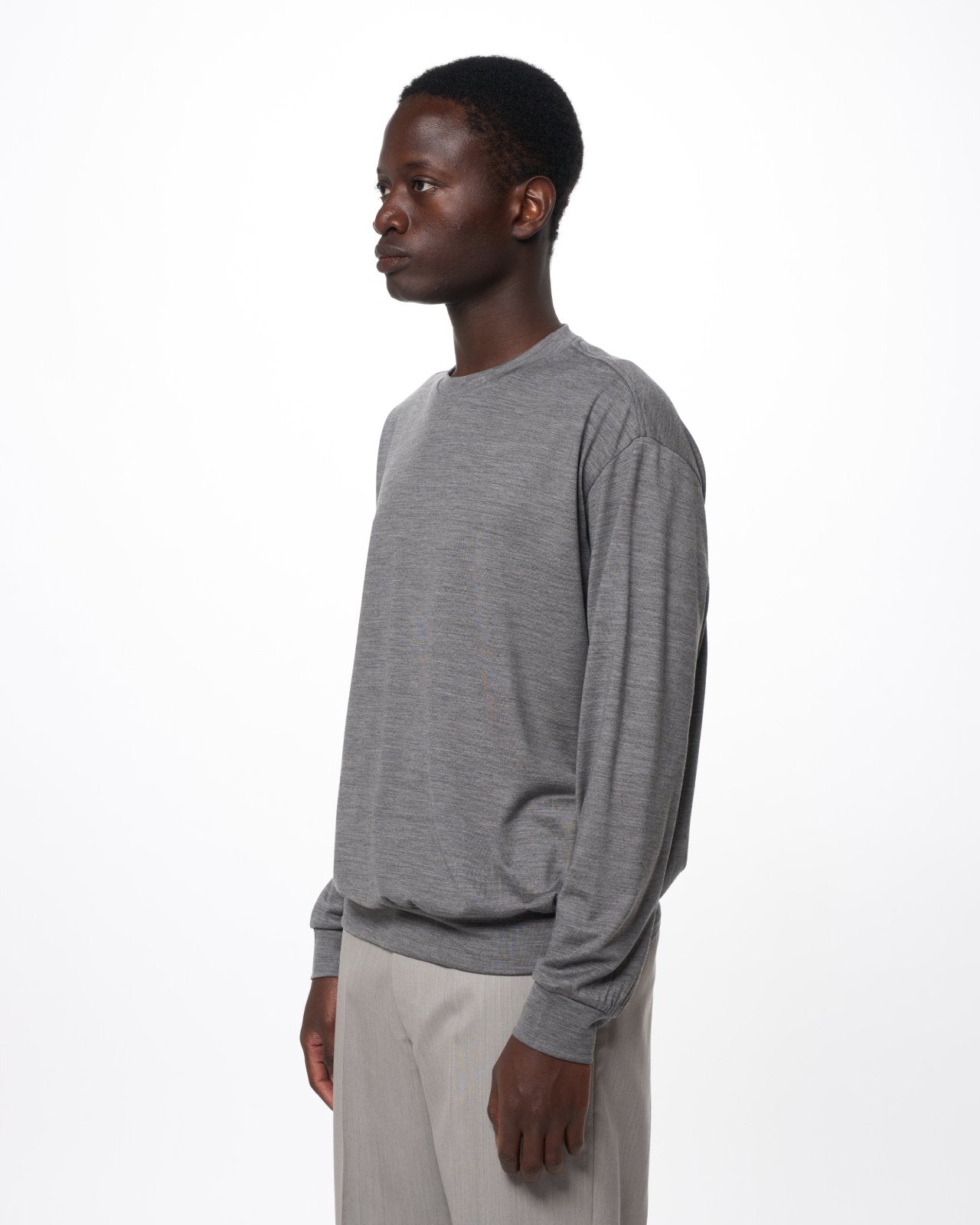 Super 100s Washable Wool Jersey / Crew Neck L/S Tee, Top Gray
