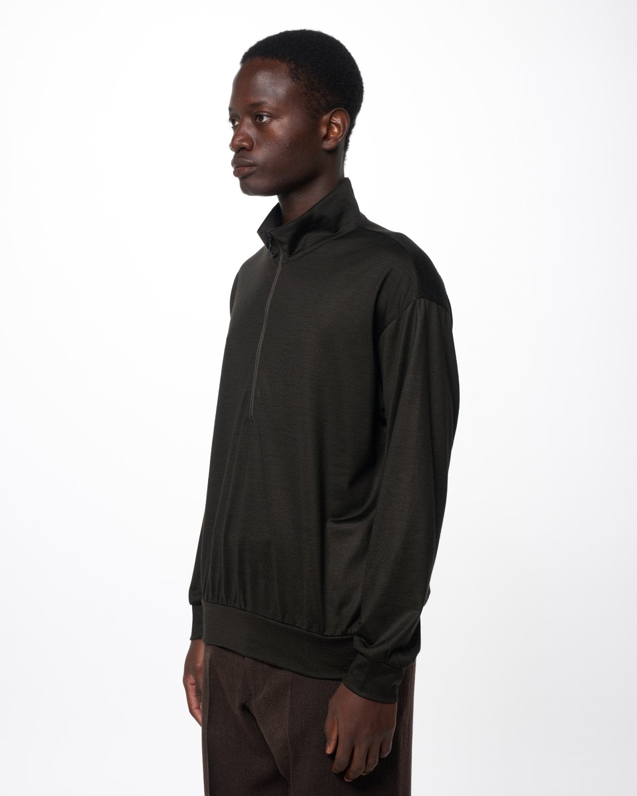 Super 100s Washable Wool Jersey Half-Zip Stand, Dark Olive