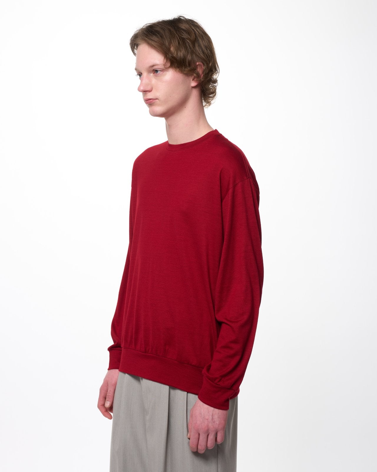 Super 100s Washable Wool Jersey / Crew Neck L/S Tee, Red