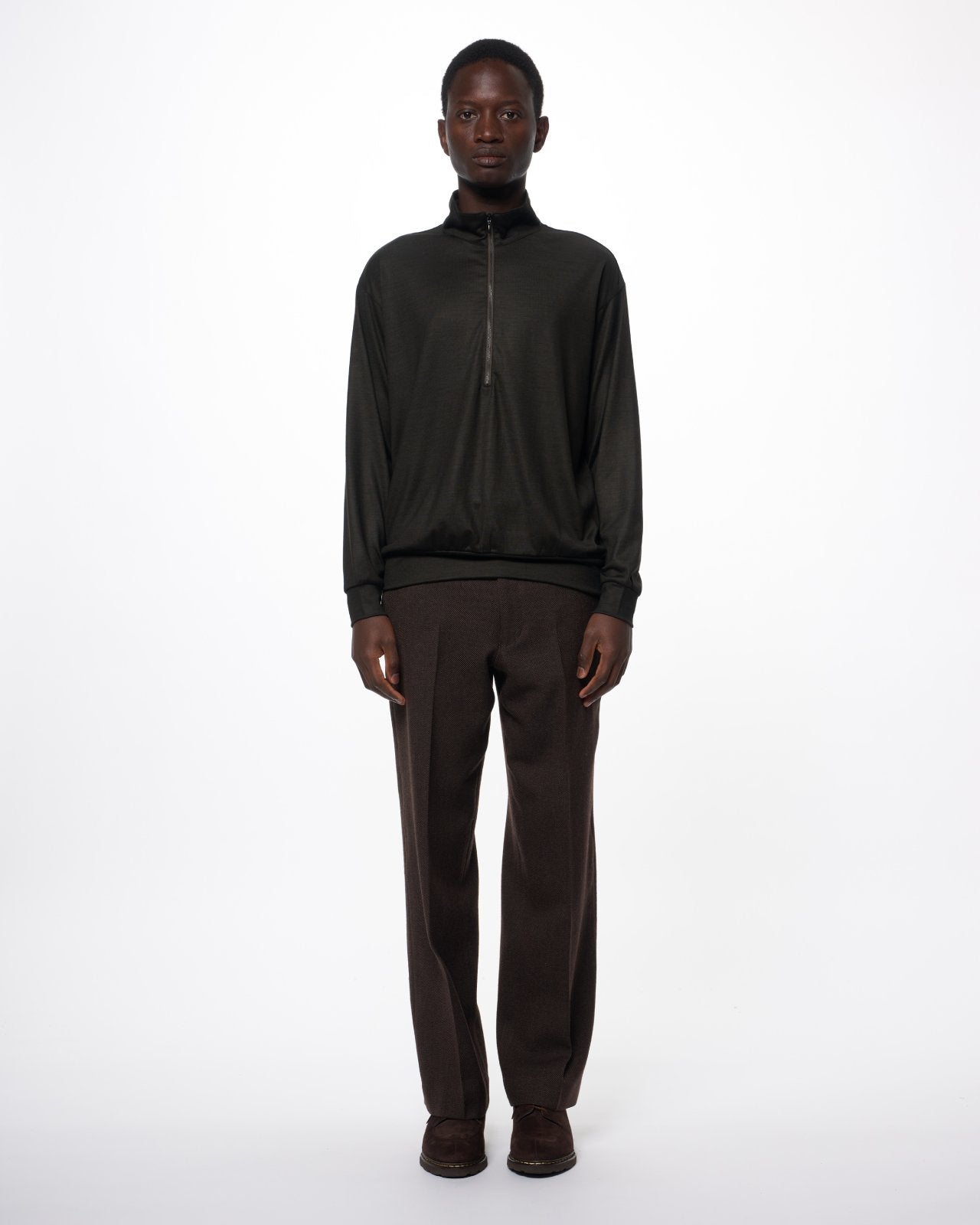 Tumbled Wool Serge / Regular Fit Straight Trousers, Brown Bird’S-Eye