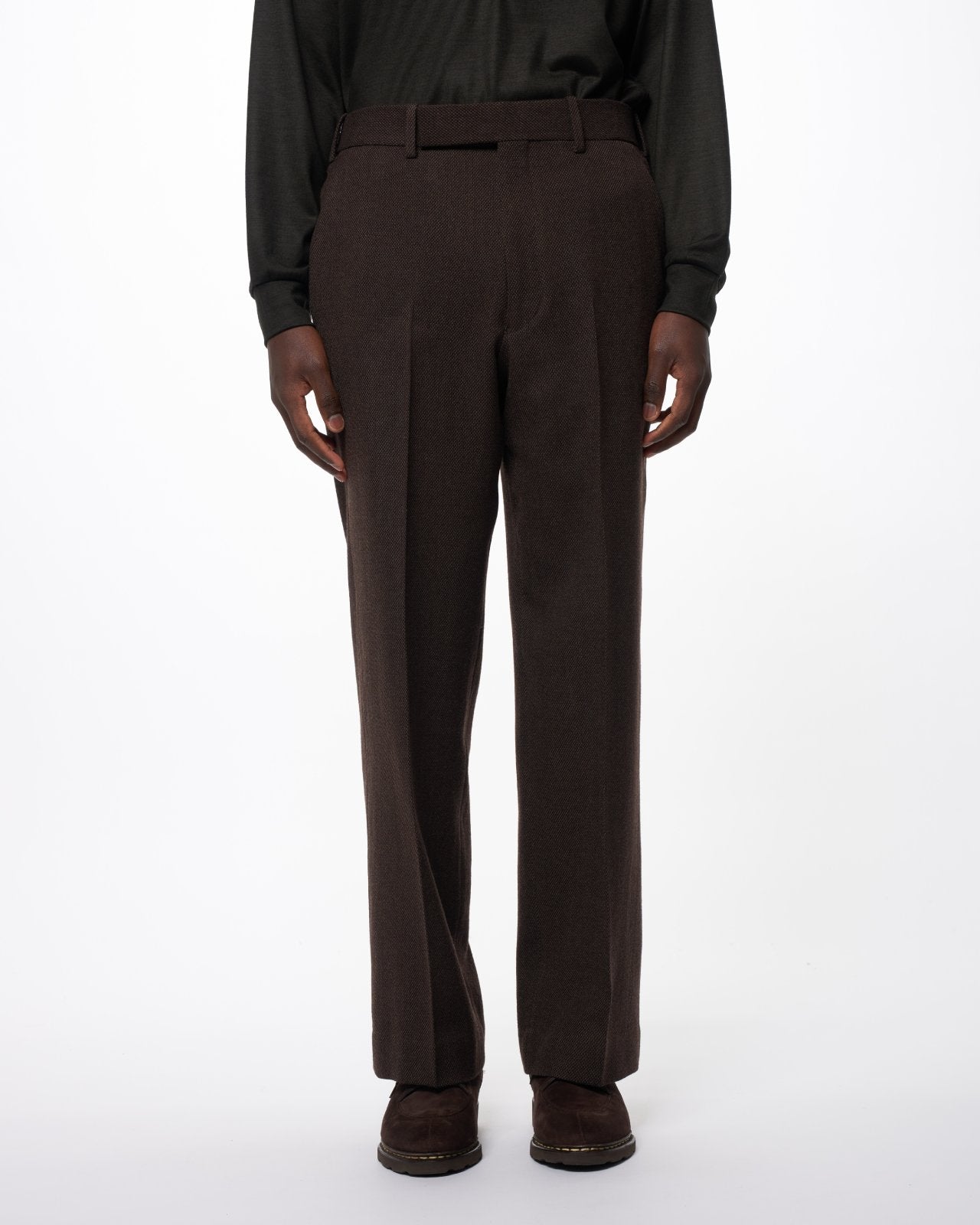 Tumbled Wool Serge / Regular Fit Straight Trousers, Brown Bird’S-Eye