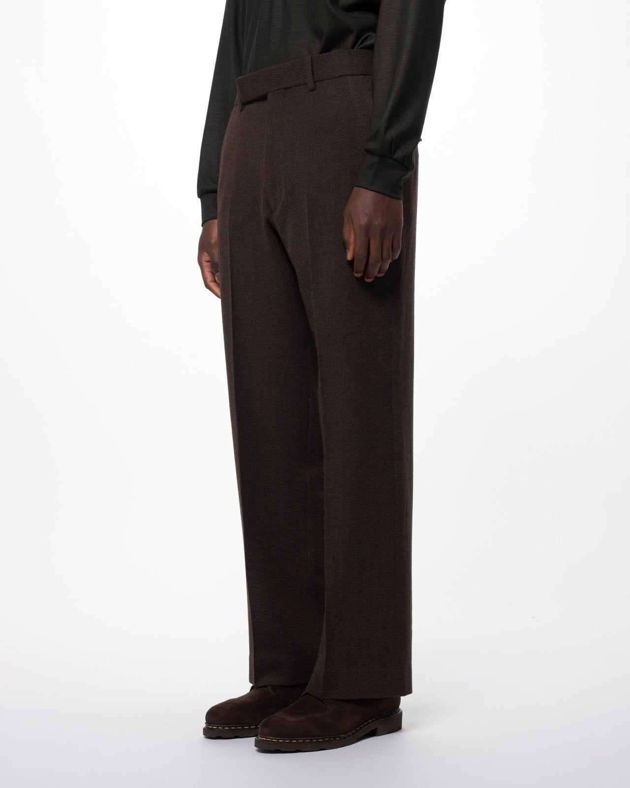 Tumbled Wool Serge / Regular Fit Straight Trousers, Brown Bird’S-Eye