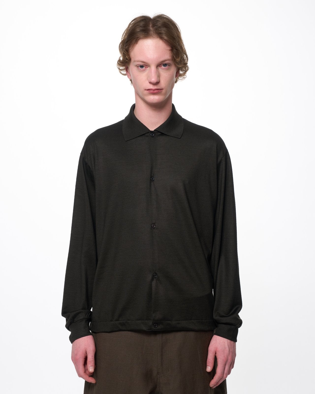 Super 100s Washable Wool Jersey / Shirt Cardigan, Dark Olive