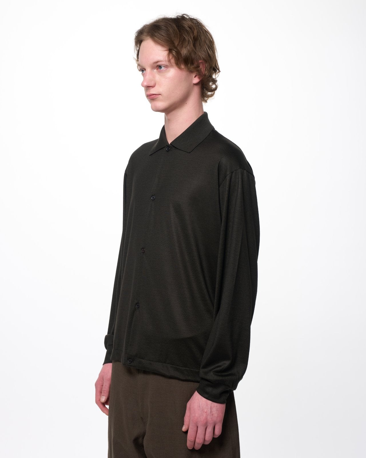 Super 100s Washable Wool Jersey / Shirt Cardigan, Dark Olive