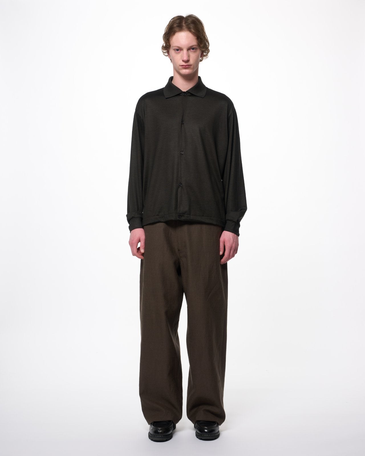 Super 100s Washable Wool Jersey / Shirt Cardigan, Dark Olive