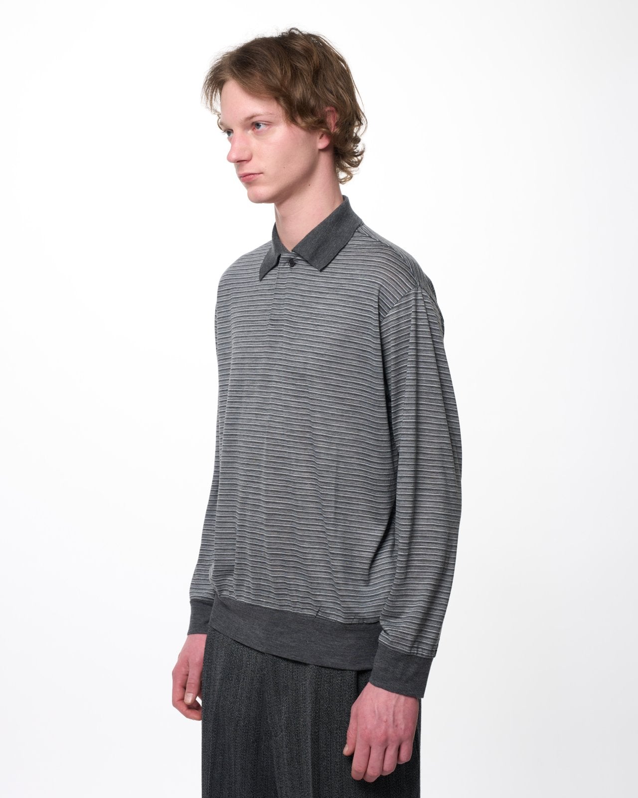 Super 120s ウォッシャブルウール天竺 / ワンボタンL/Sポロ, Gray Border