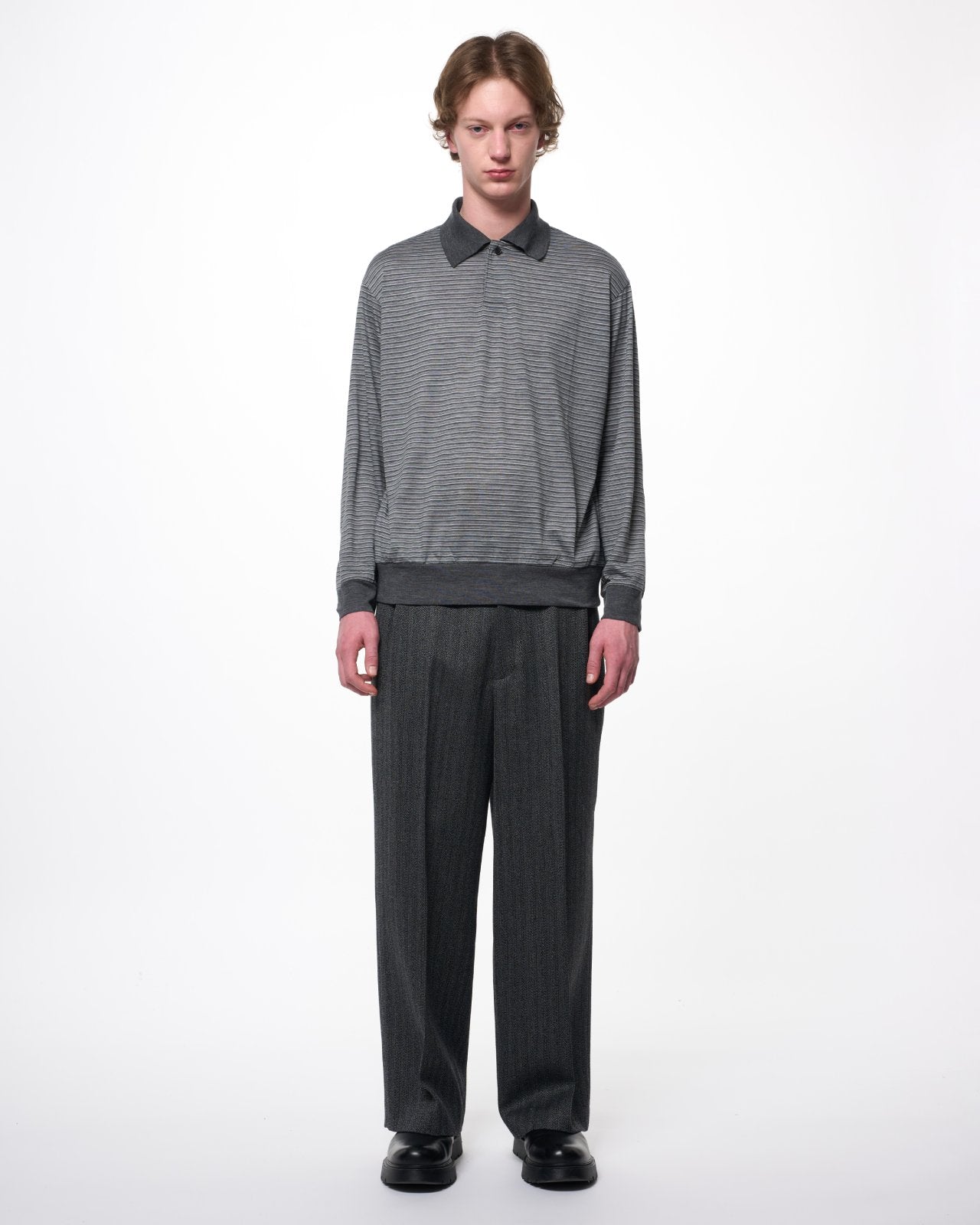 Super 120s ウォッシャブルウール天竺 / ワンボタンL/Sポロ, Gray Border