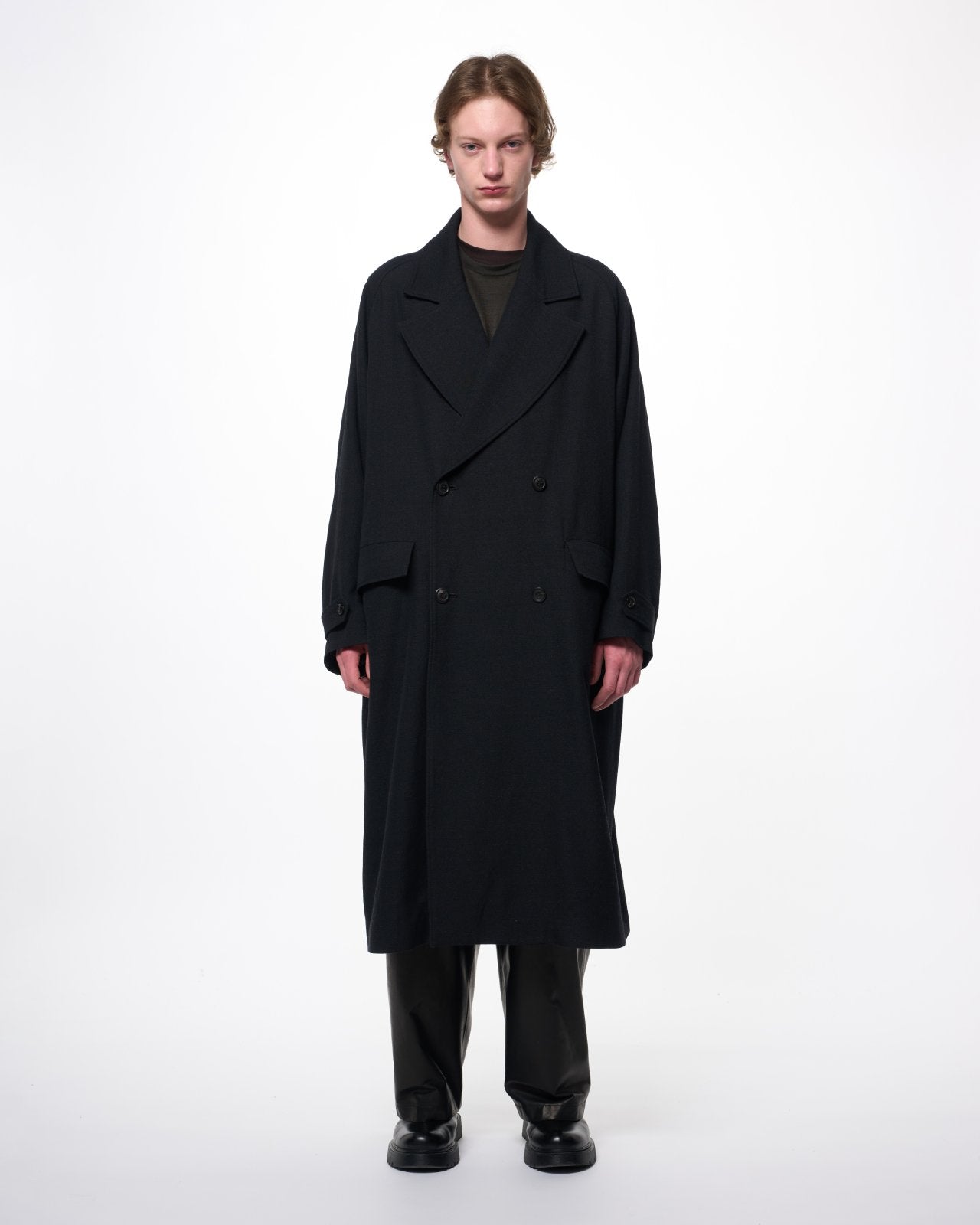Tumbled Wool Serge Great Coat, Chambray Black
