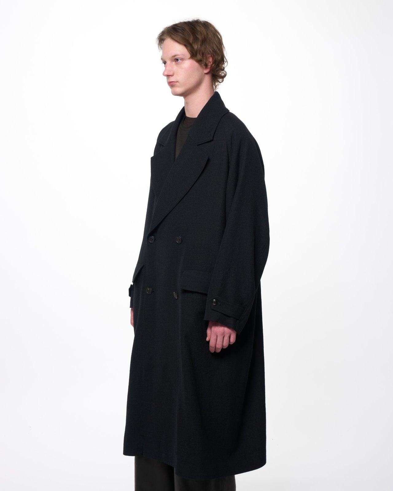 Tumbled Wool Serge Great Coat, Chambray Black