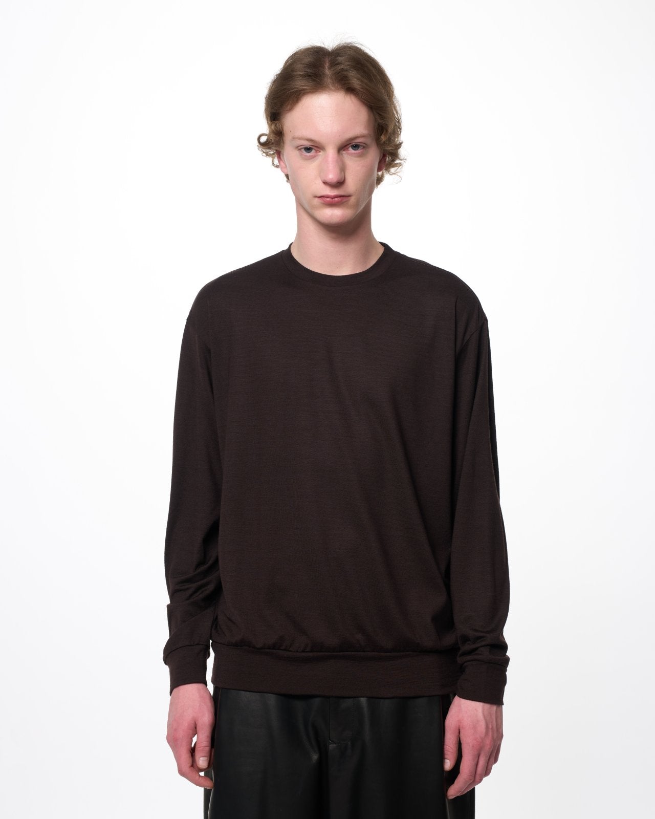 Super 100s Washable Wool Jersey / Crew Neck L/S Tee, Dark Brown