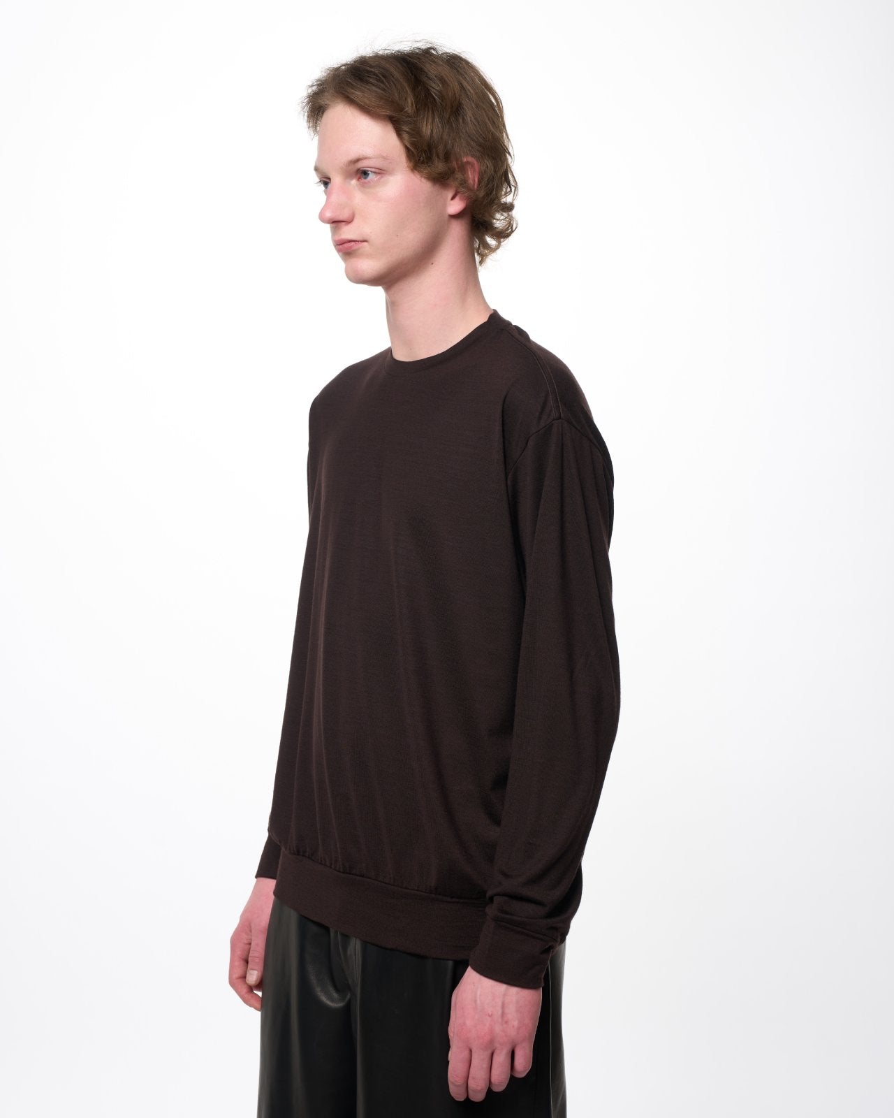 Super 100s Washable Wool Jersey / Crew Neck L/S Tee, Dark Brown