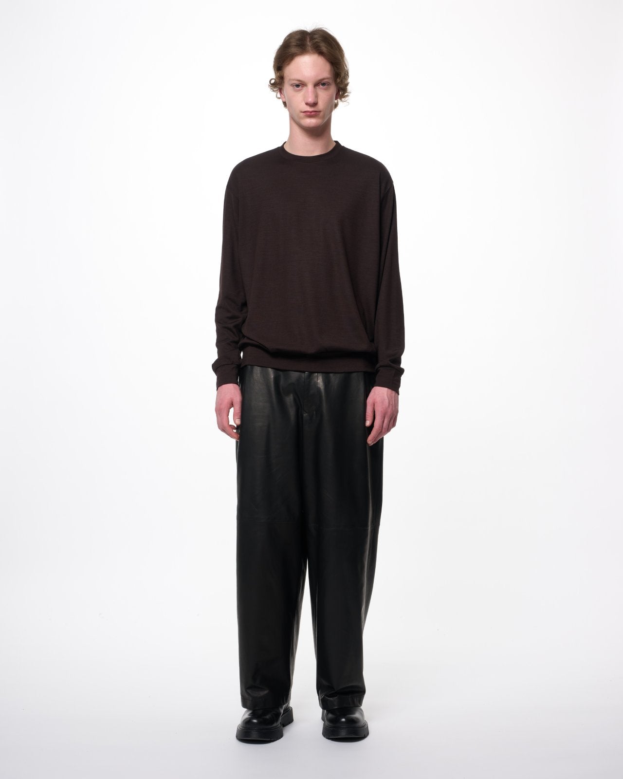 Super 100s Washable Wool Jersey / Crew Neck L/S Tee, Dark Brown