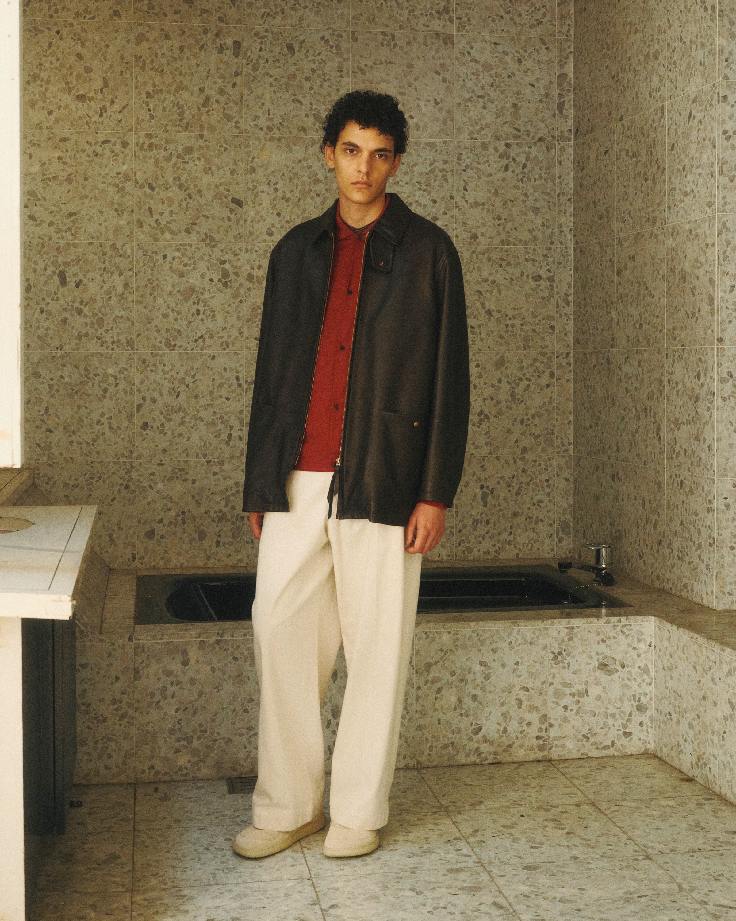 Pebbled Sheepskin / Leather Zip Car Coat, Brown