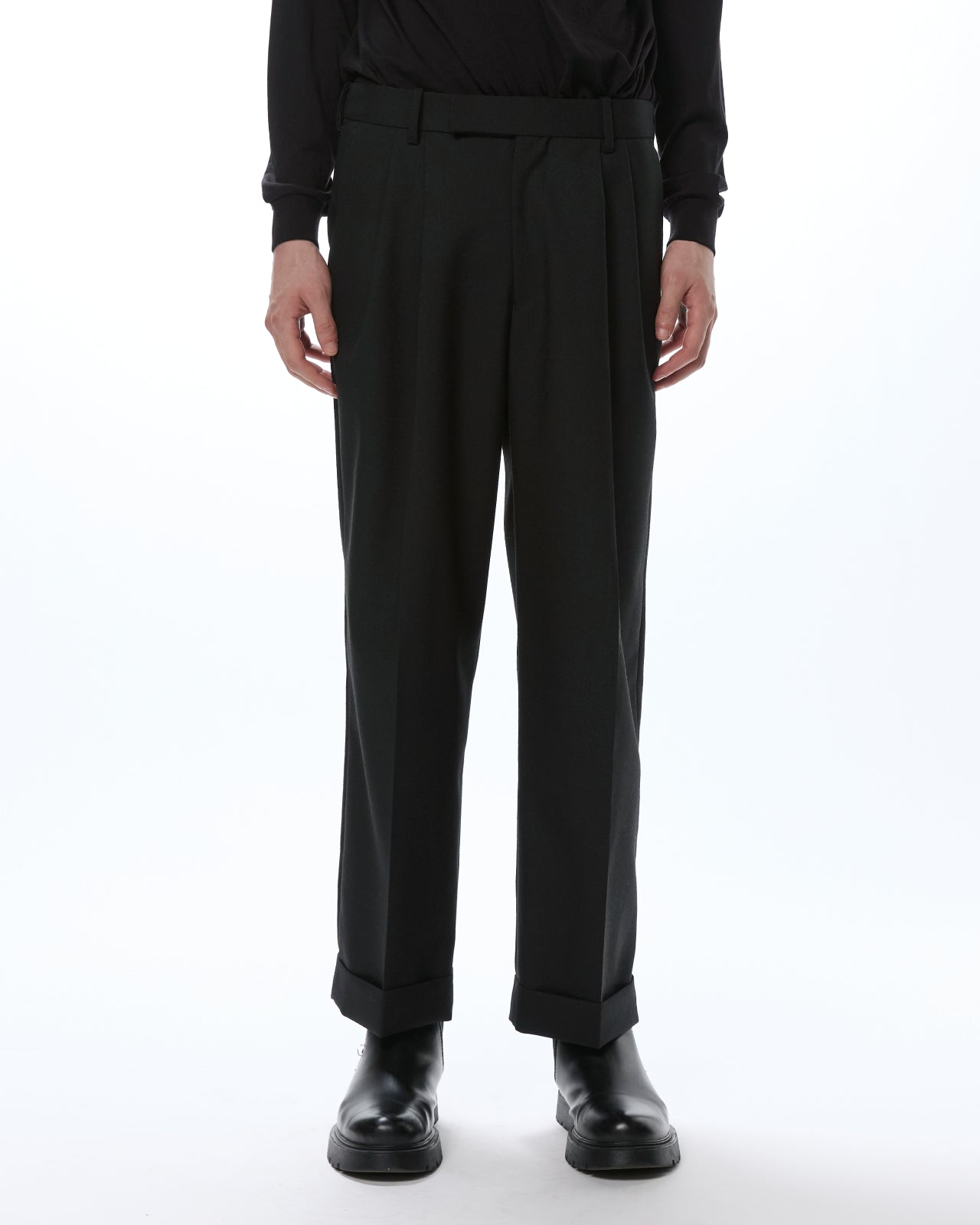 Organic Heavy Wool Tropical / Double Pleated Semi Easy Trousers, Black