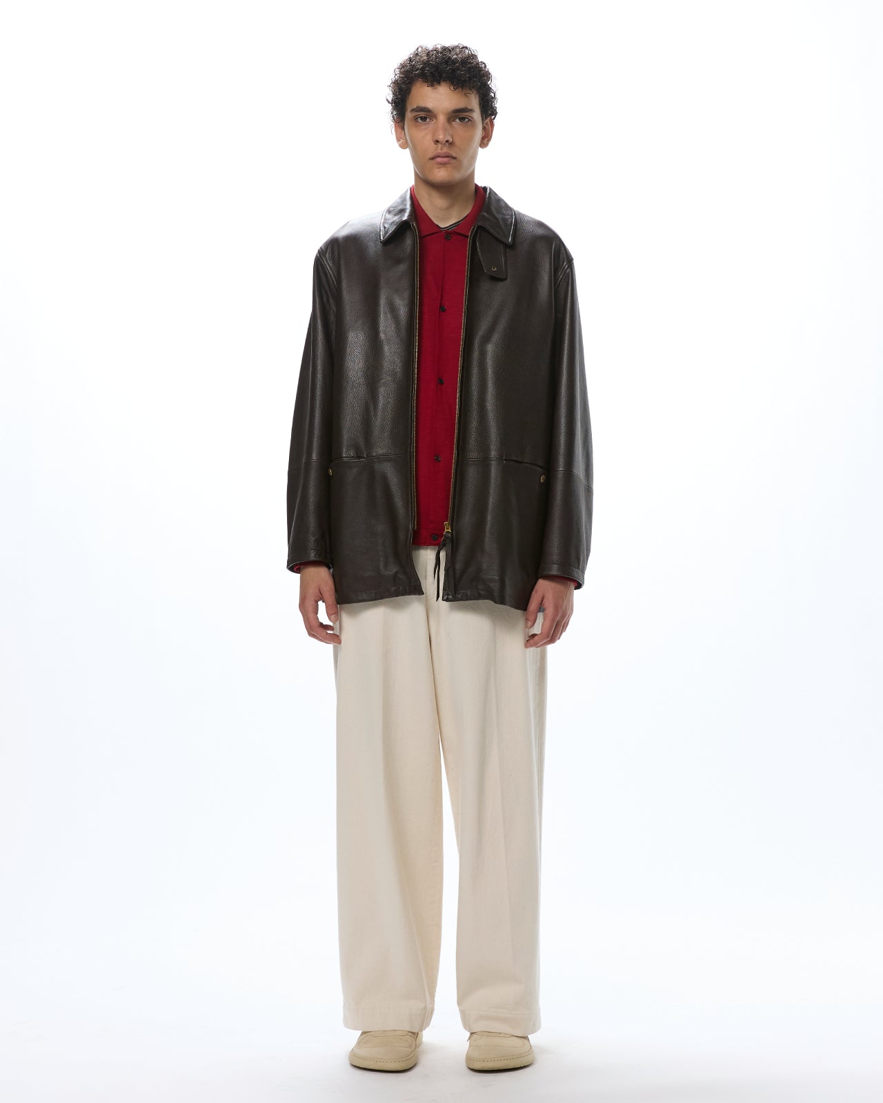 Pebbled Sheepskin / Leather Zip Car Coat, Brown