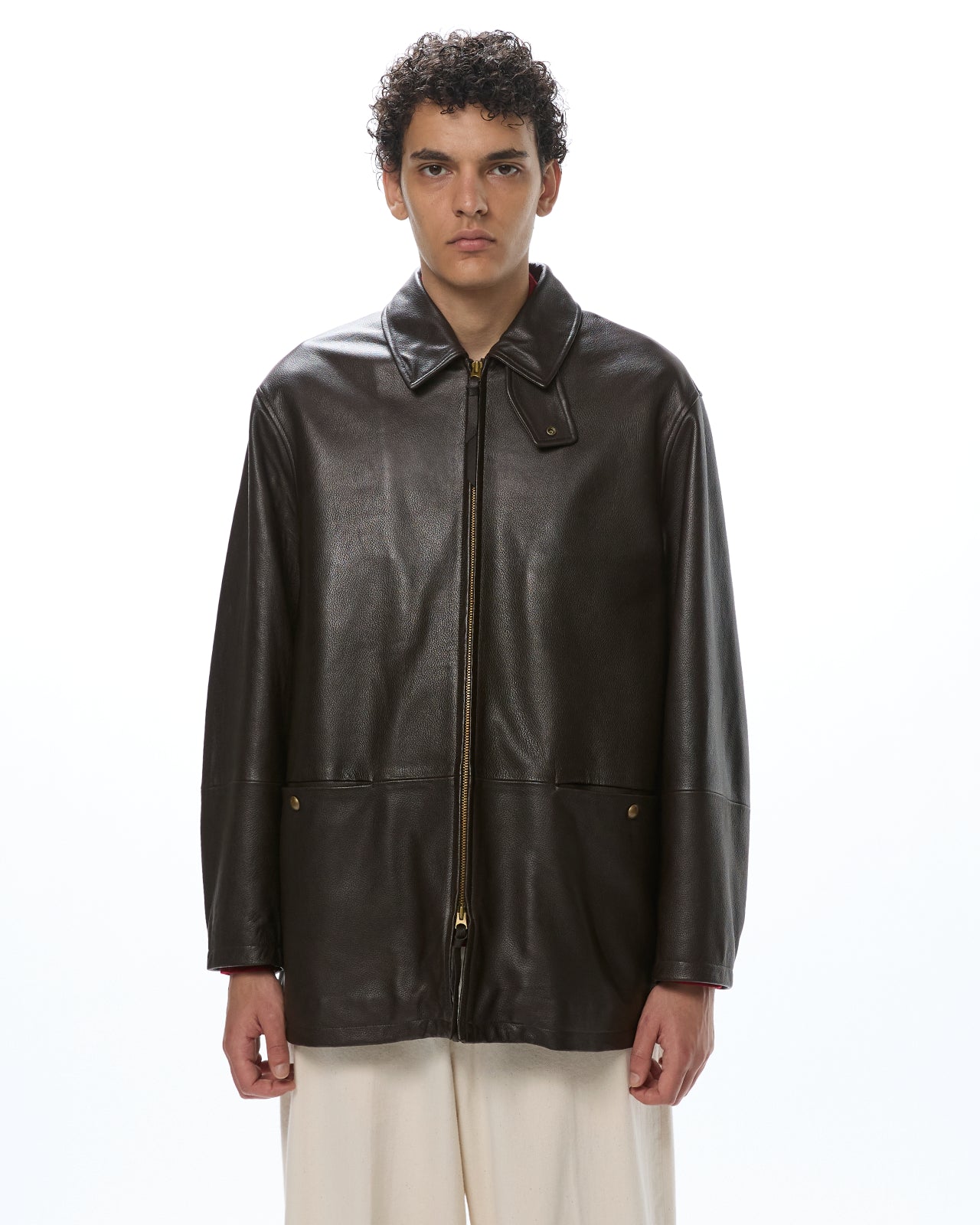 Pebbled Sheepskin / Leather Zip Car Coat, Brown