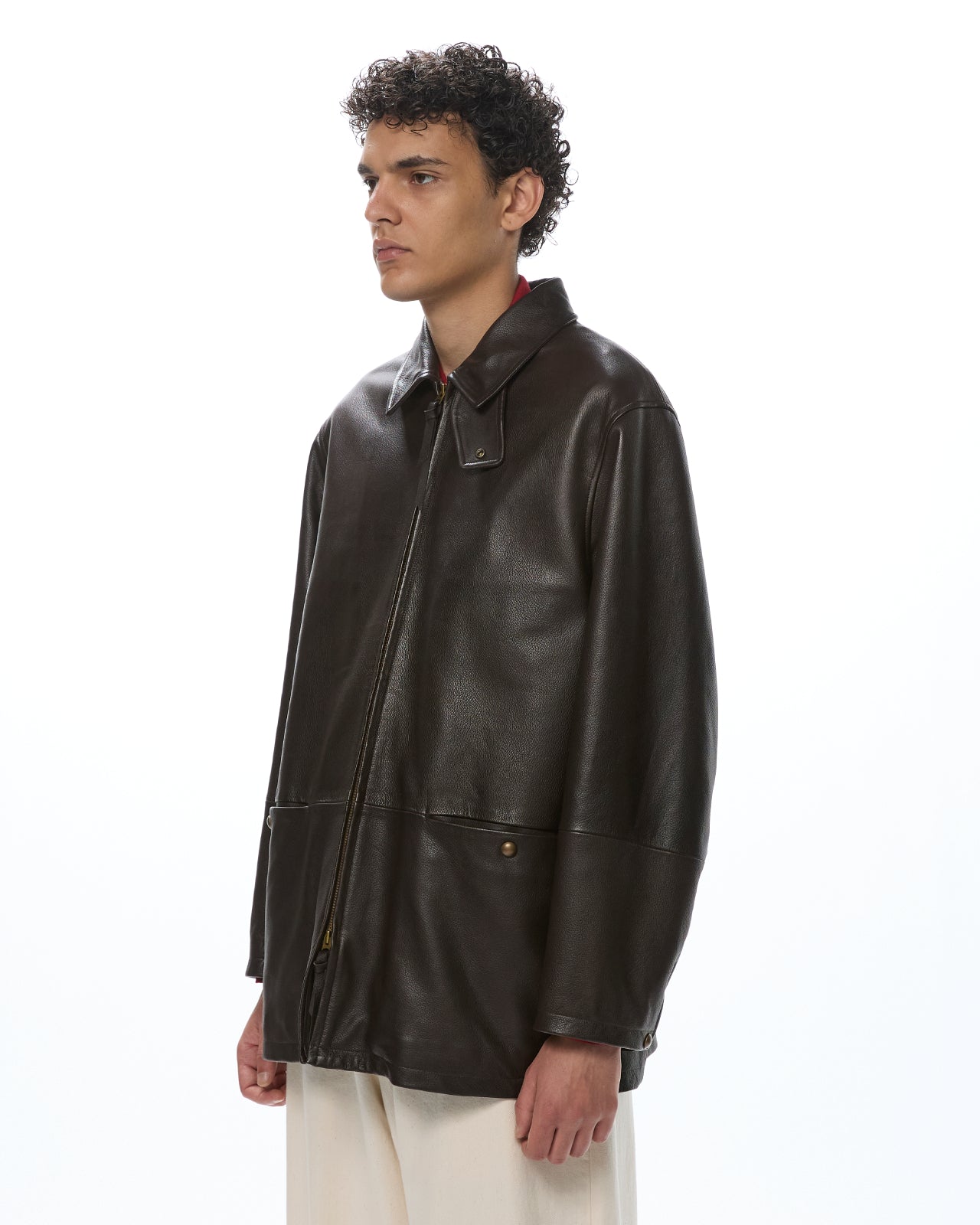 Pebbled Sheepskin / Leather Zip Car Coat, Brown
