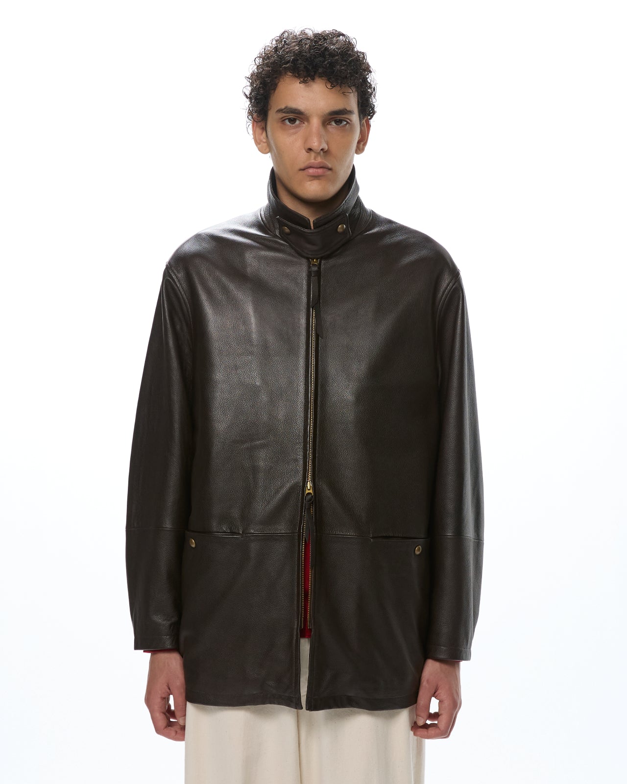 Pebbled Sheepskin / Leather Zip Car Coat, Brown