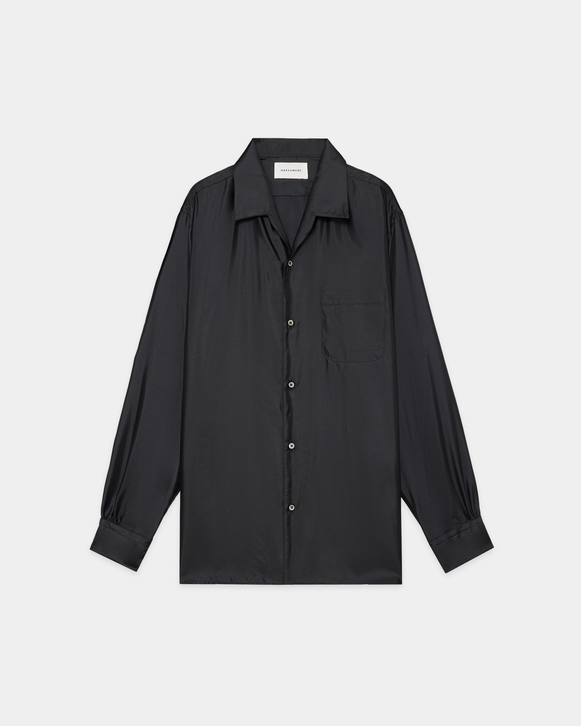 Bratac Silk Back Satin / Italian Open Collar Shirt, Black