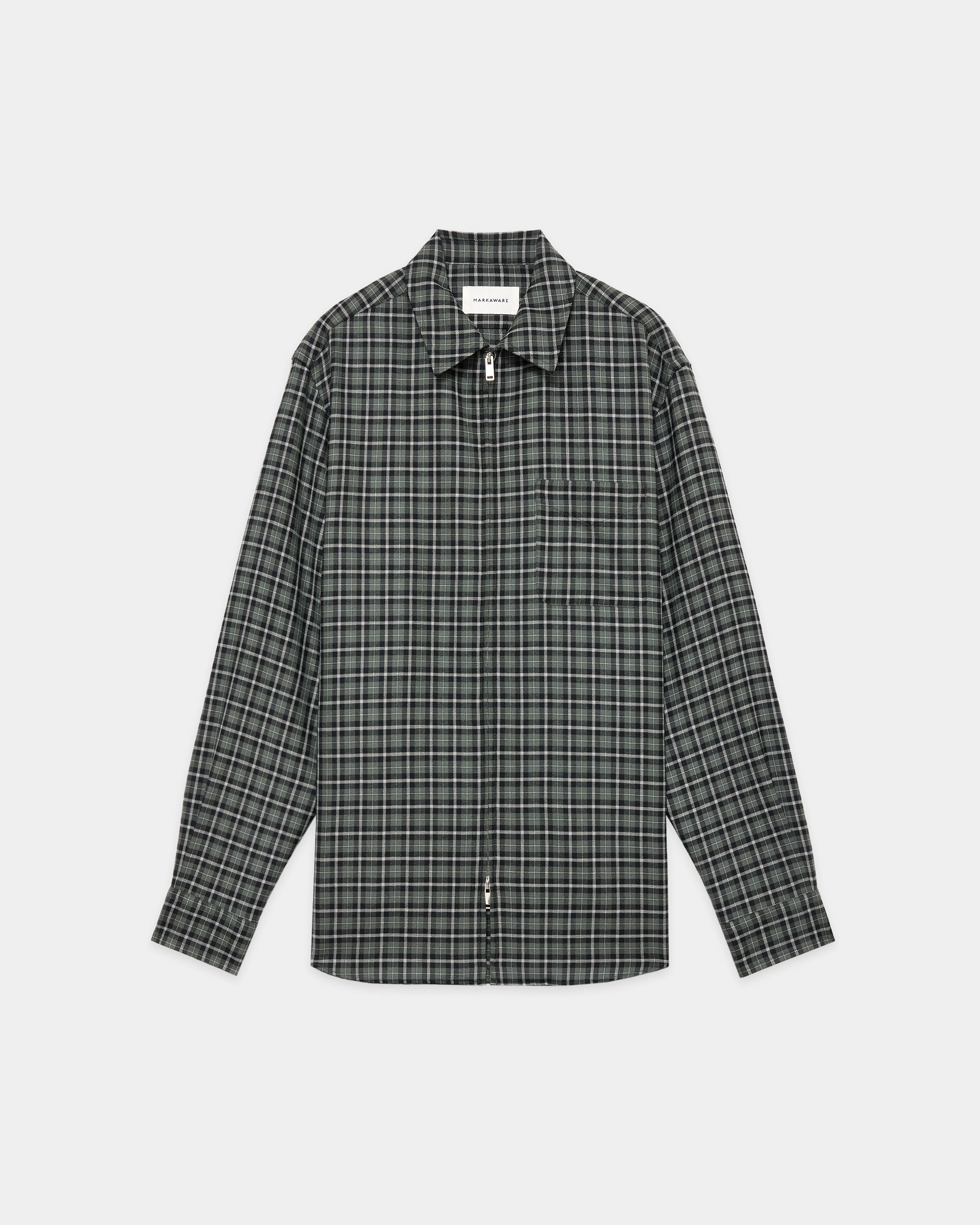 Organic Wool Viyella / Zip Shirt, Moss Gray Check