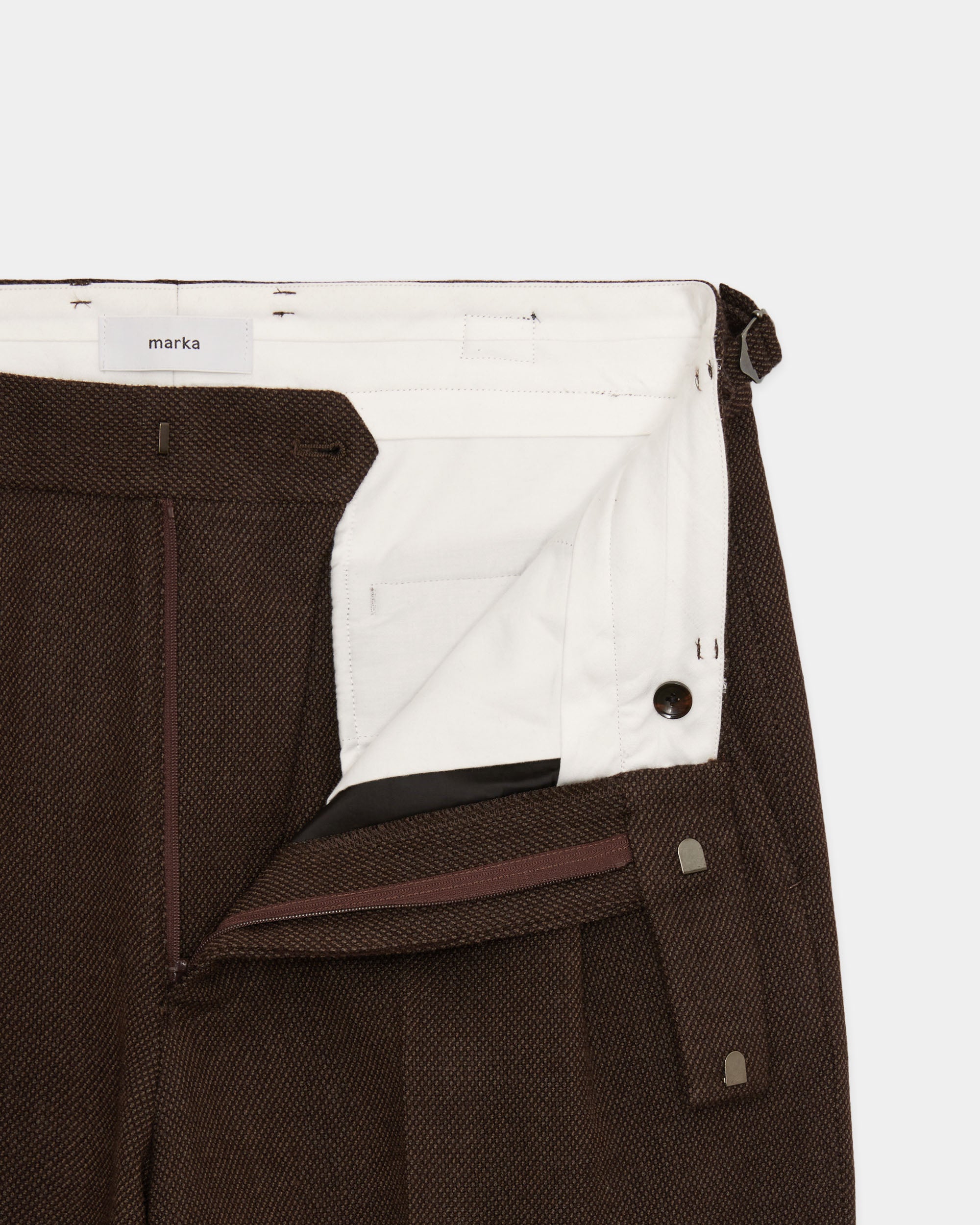 Tumbled Wool Serge / Single Pleat Wide Trousers, Brown Bird’S-Eye