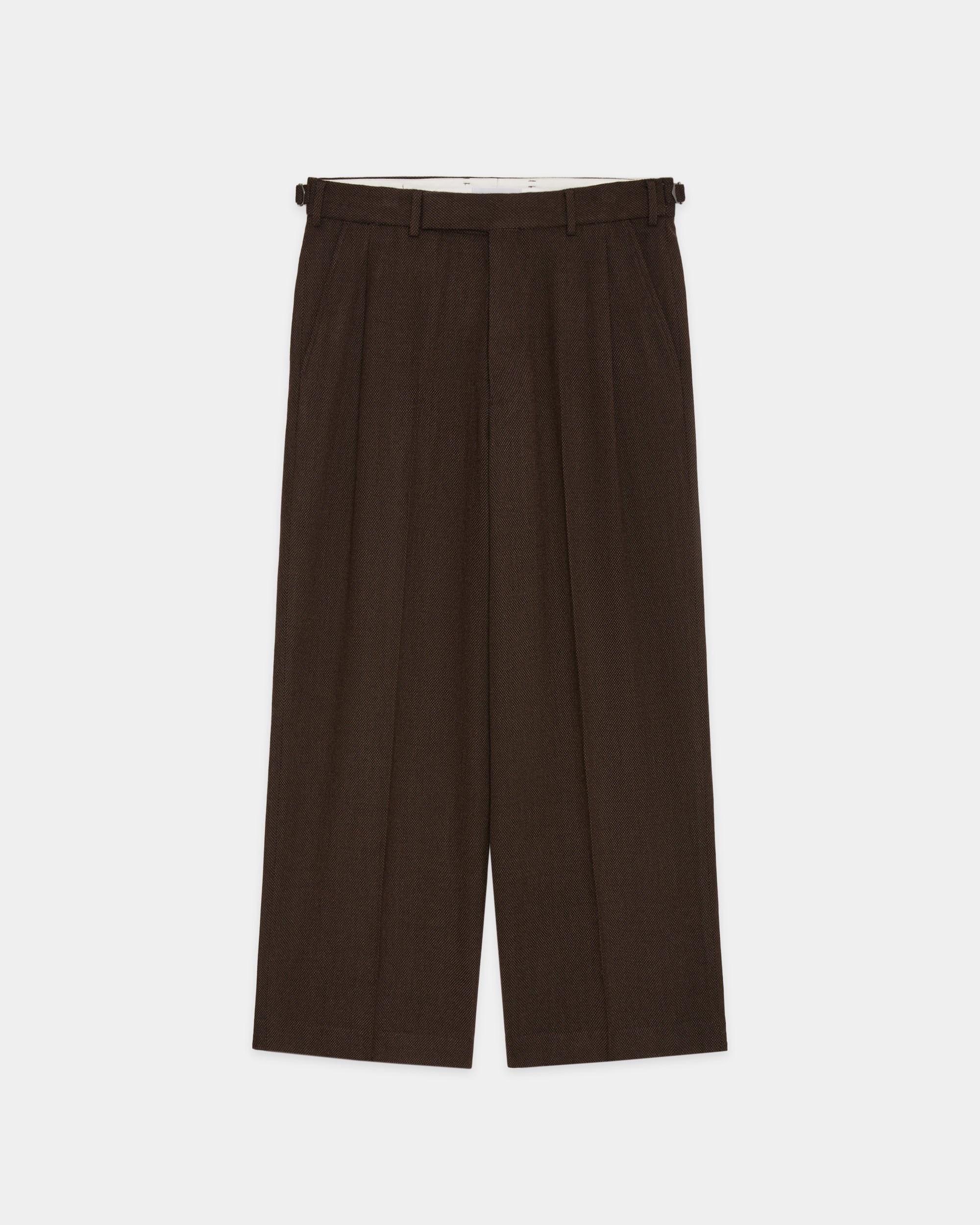 Tumbled Wool Serge / Single Pleat Wide Trousers, Brown Bird’S-Eye