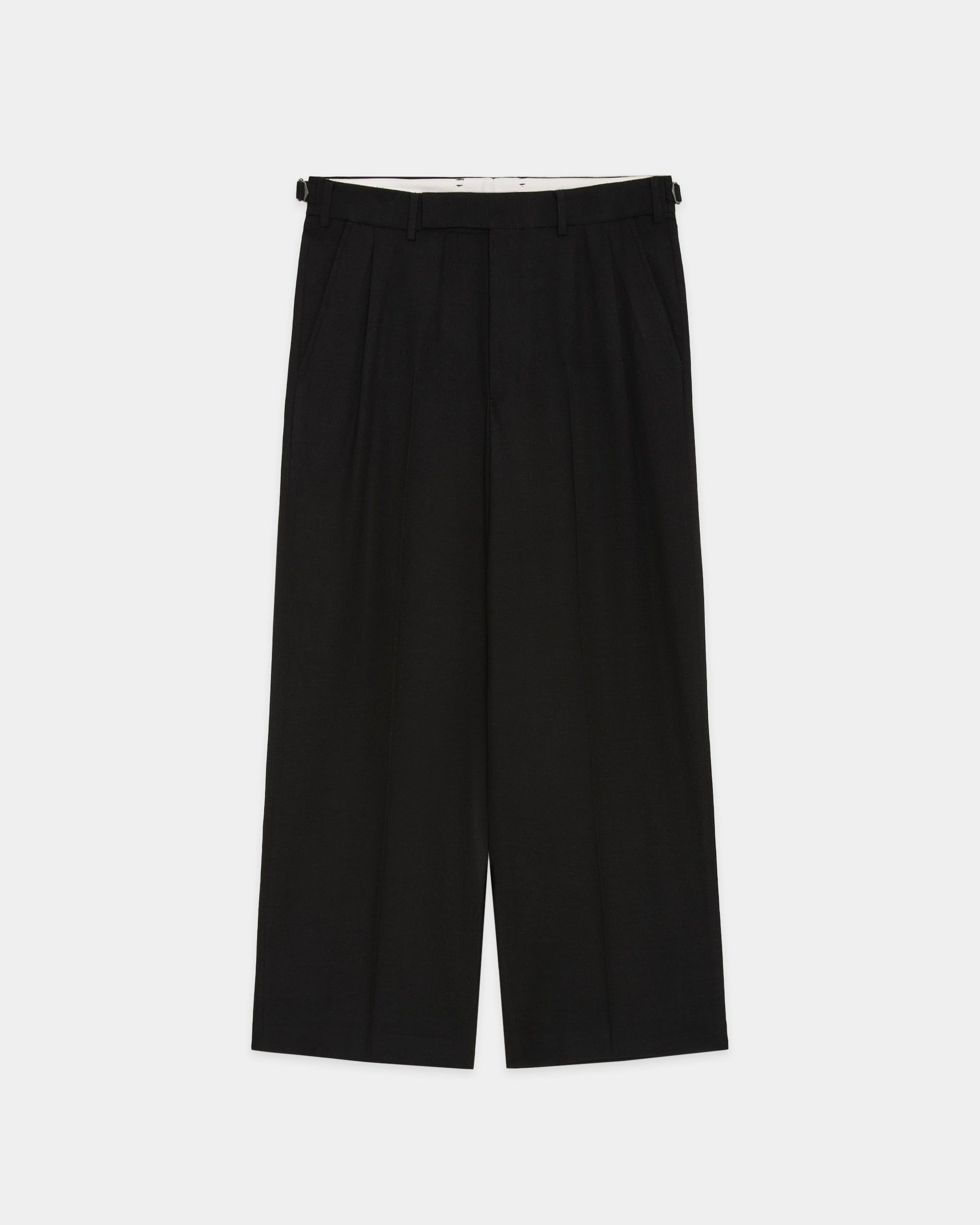 Tumbled Wool Serge / Single Pleat Wide Trousers, Chambray Black