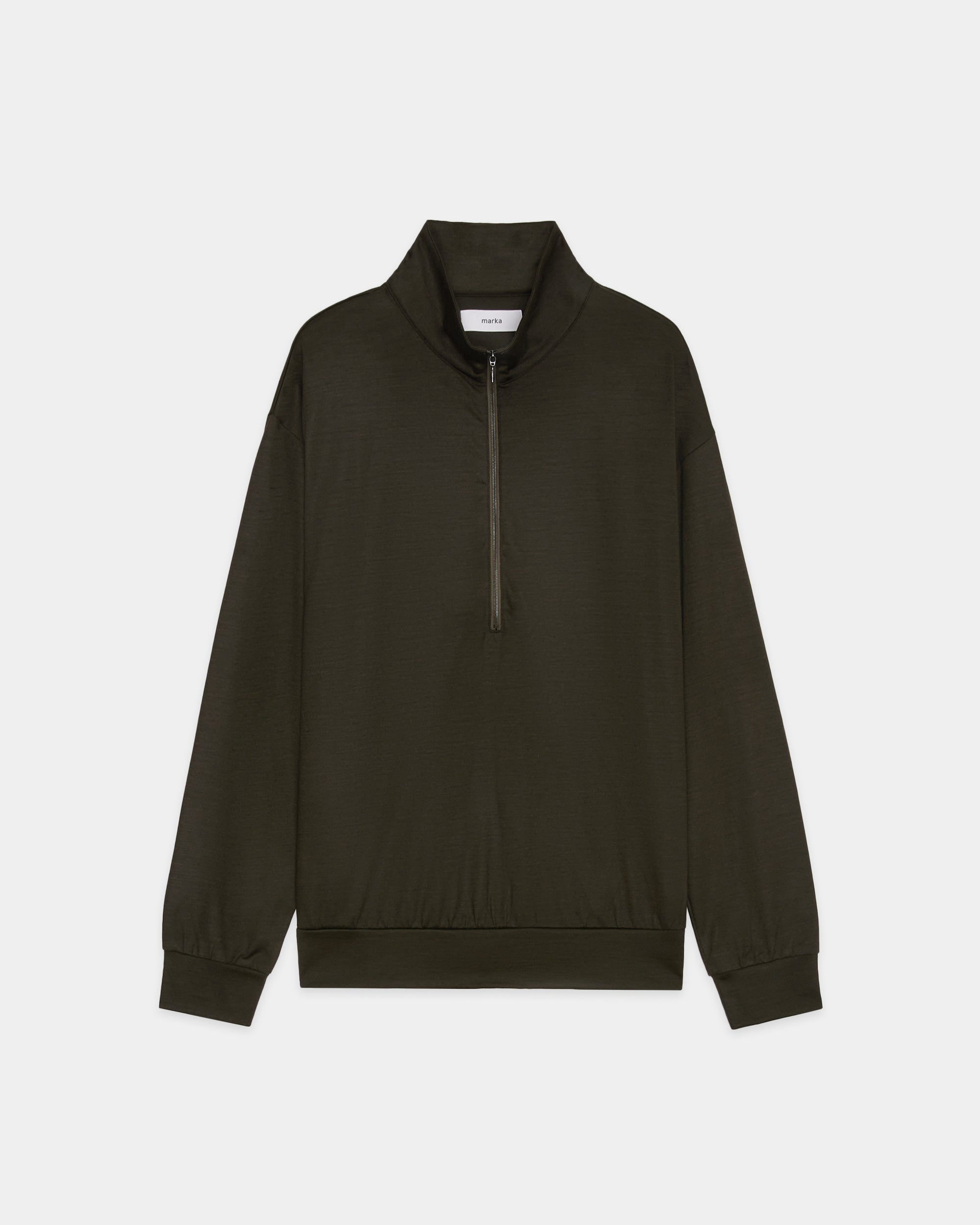 Super 100s Washable Wool Jersey Half-Zip Stand, Dark Olive