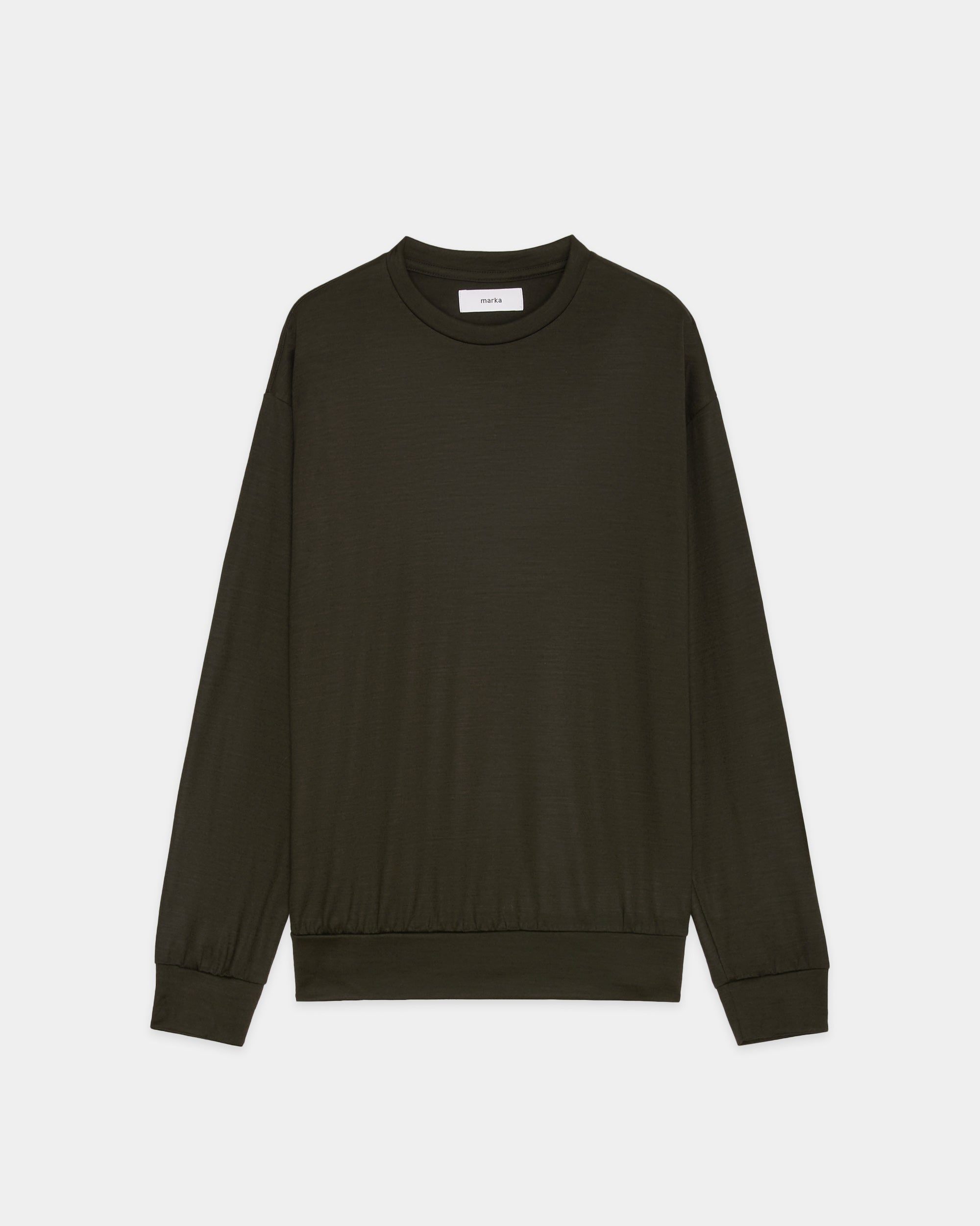 Super 100s Washable Wool Jersey / Crew Neck L/S Tee, Dark Olive